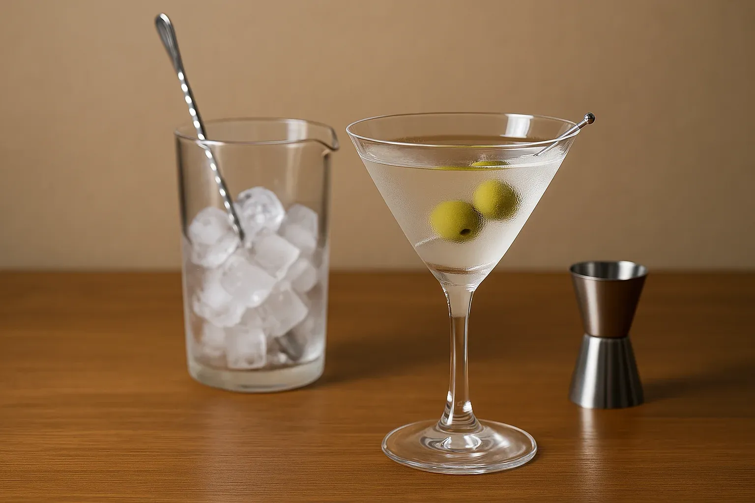 Classic martini with olives, ice-filled mixing glass with stirring spoon, and jigger on a wooden surface.
