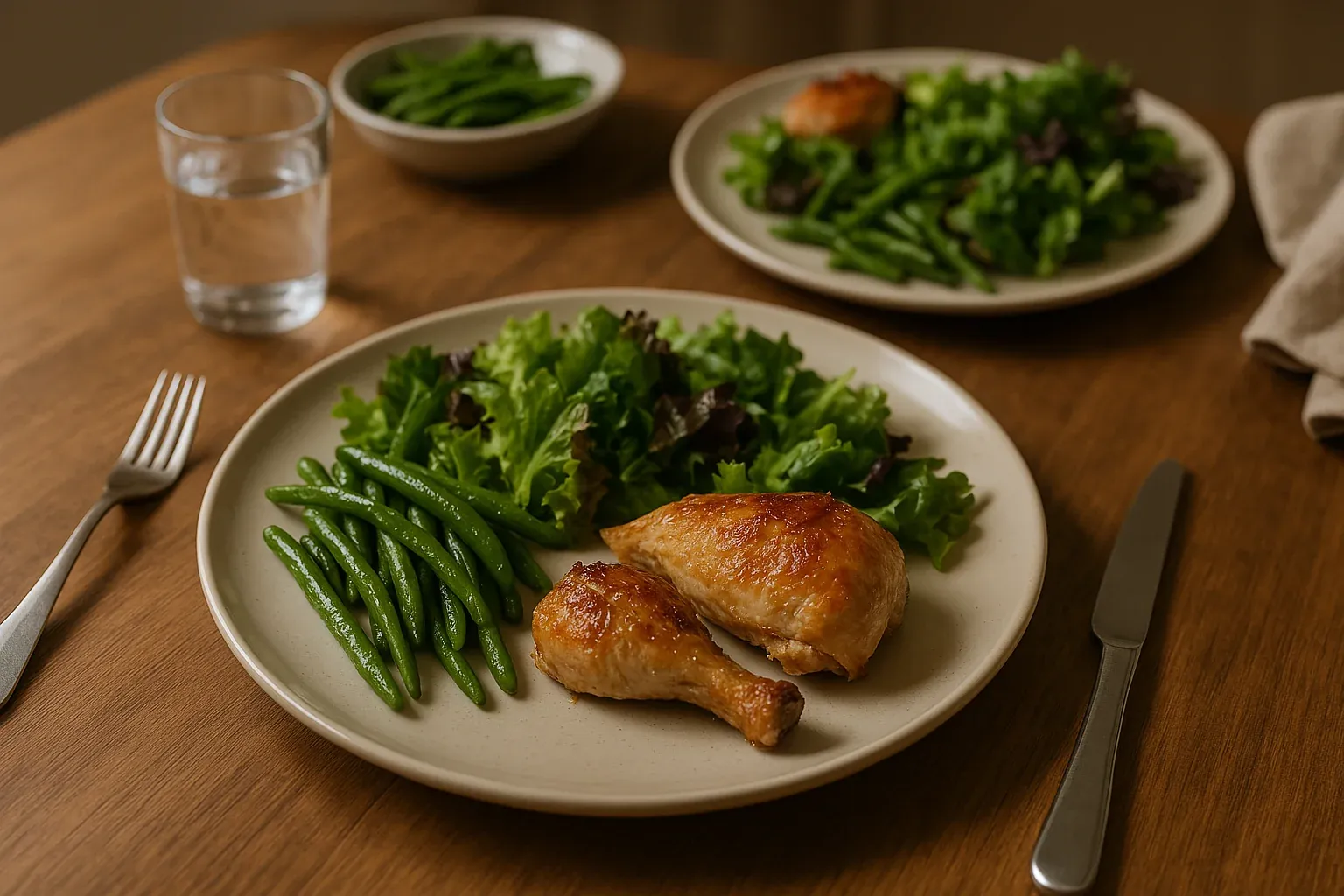 Roasted chicken with fresh green beans and mixed salad on a plate, accompanied by a glass of water and cutlery on a wooden table.