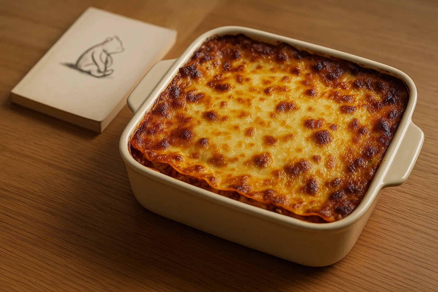 Golden-brown lasagna with melted cheese in a ceramic dish next to a book with a bear sketch on a wooden table.