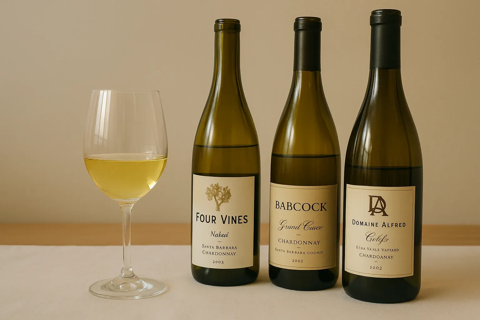 Three bottles of Chardonnay wine from Santa Barbara and a filled wine glass on a table, perfect for pairing with gourmet recipes.