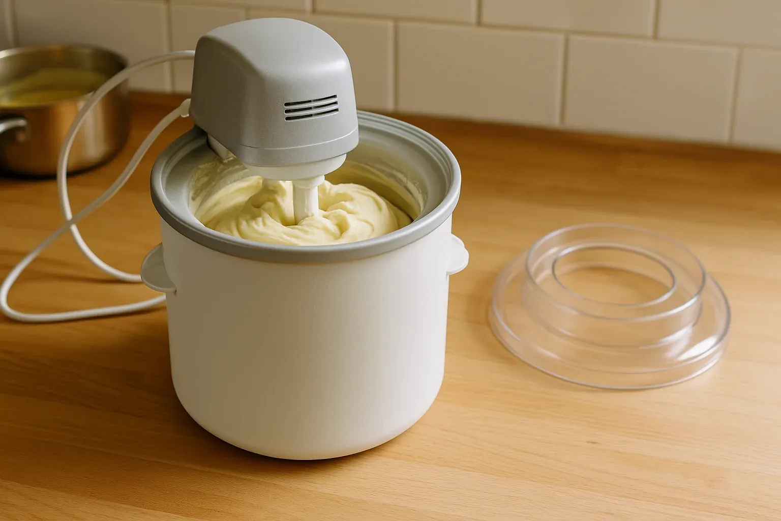 Electric ice cream maker churning creamy vanilla ice cream on a wooden countertop with a transparent lid nearby.