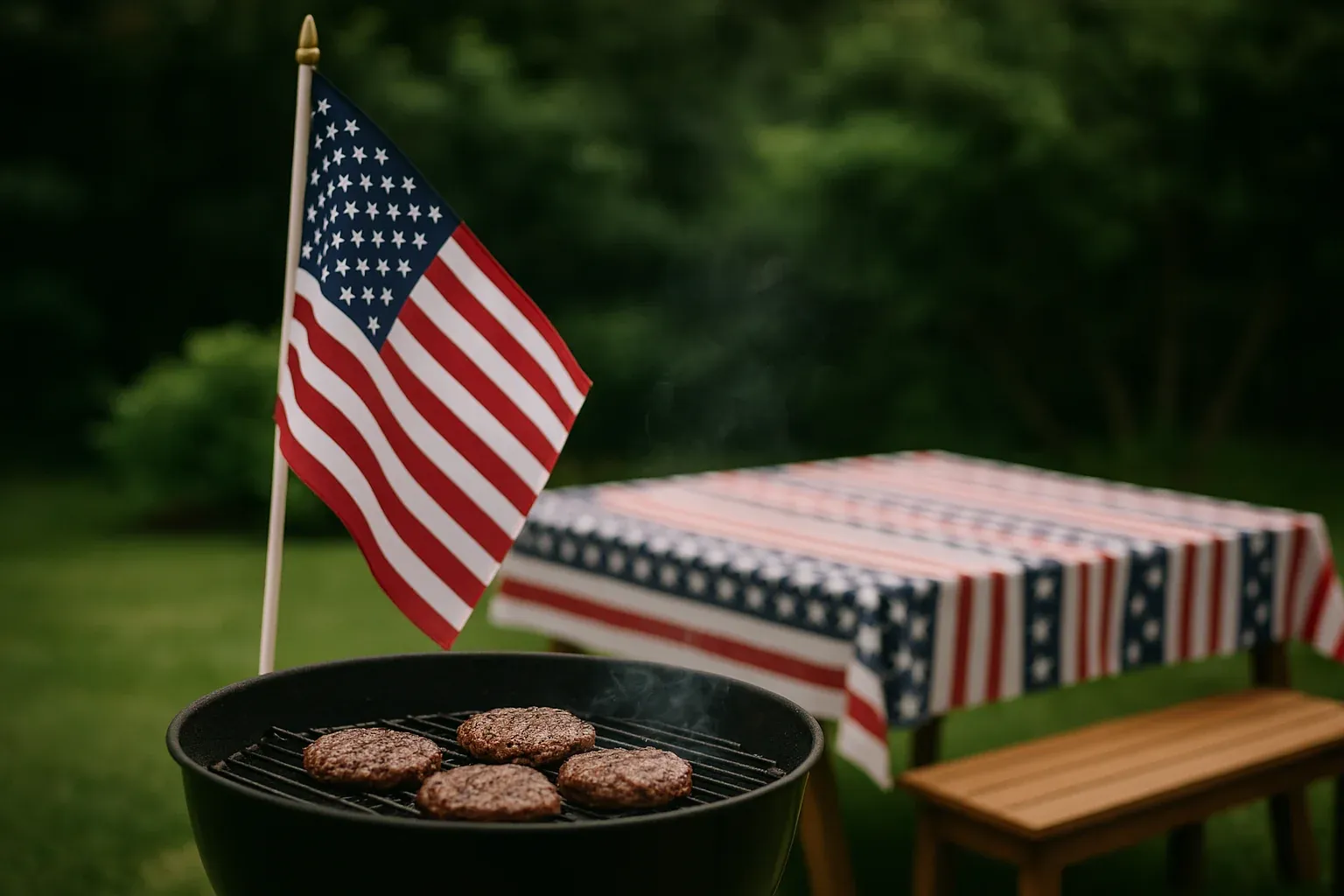 Grilling burgers with American flag and tablecloth in the background, perfect for a patriotic summer barbecue recipe.