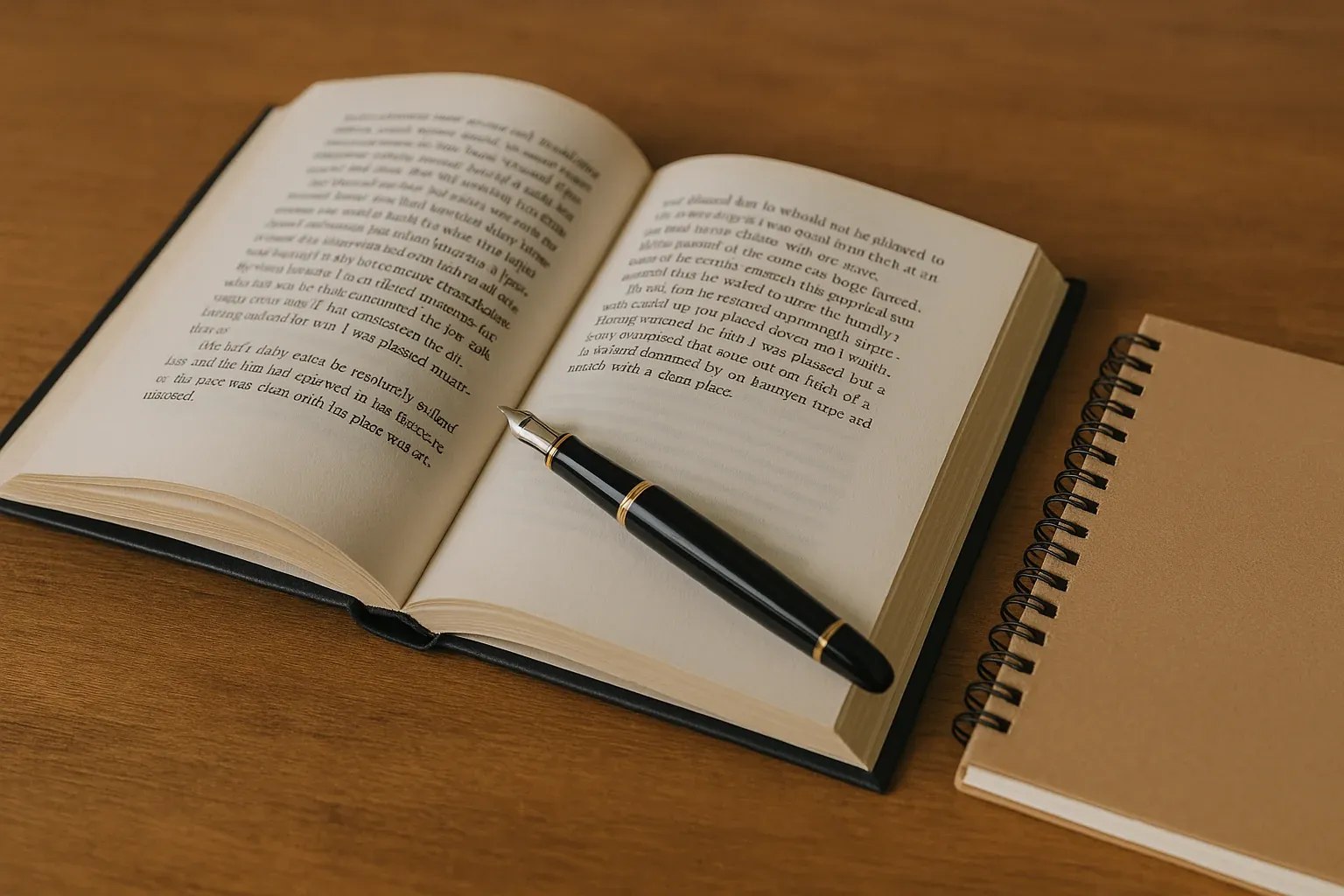 Open recipe book with a pen on top, next to an empty spiral notebook on a wooden table.