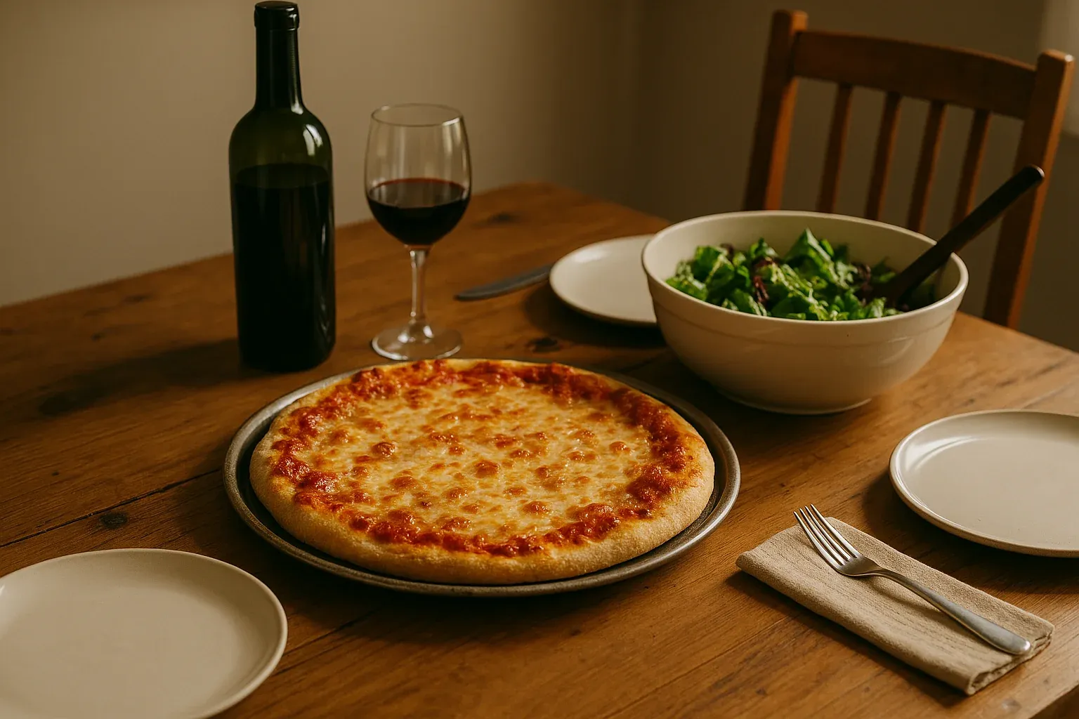Cheese pizza with bottle of red wine, glass, and fresh green salad in bowl on rustic wooden table. Plates and fork ready for serving.