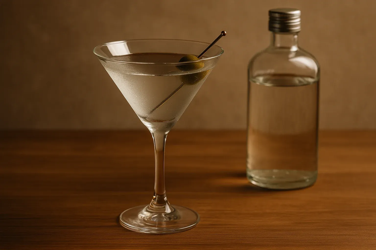 Martini with an olive garnish in a cocktail glass, next to a clear bottle on a wooden table.