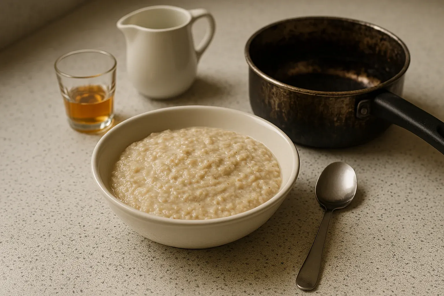 Creamy oatmeal served in a white bowl beside a spoon, pot, small pitcher, and a glass of amber liquid on a speckled countertop.