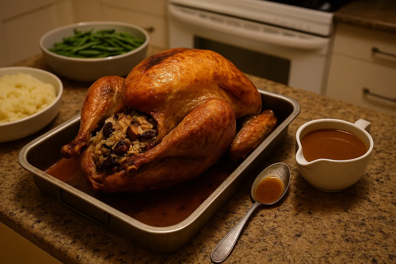 Roasted turkey with rice stuffing, served with mashed potatoes, green beans, and gravy in a kitchen setting.