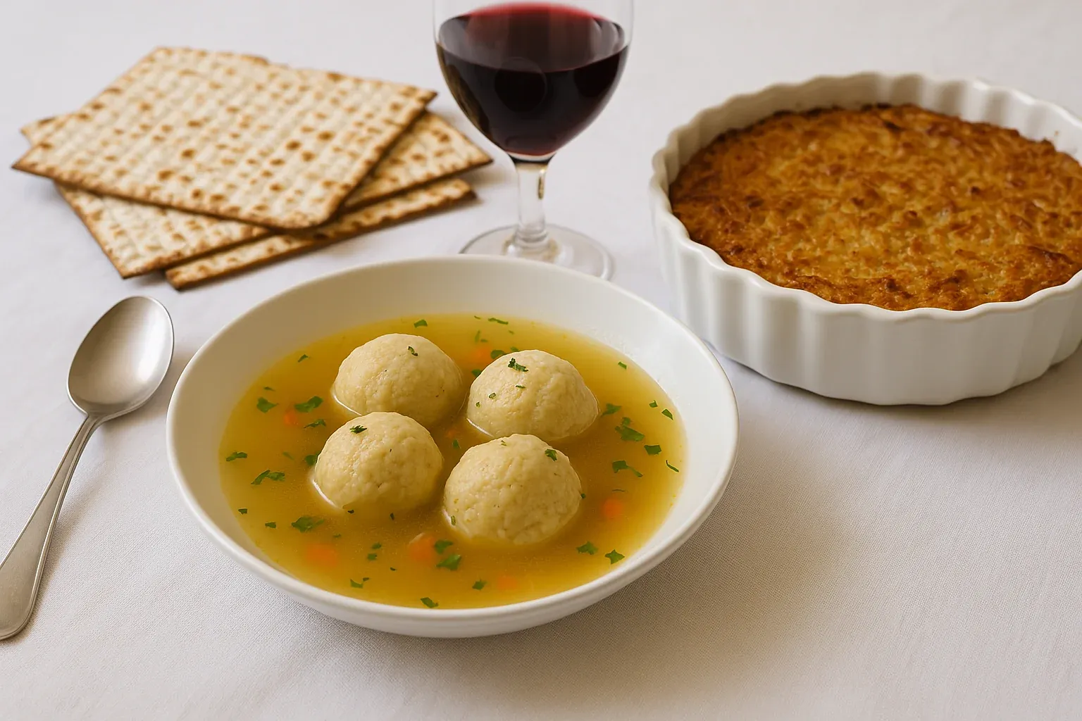 Passover meal: matzo ball soup, matzo crackers, kugel casserole, and a glass of red wine on a white tablecloth.