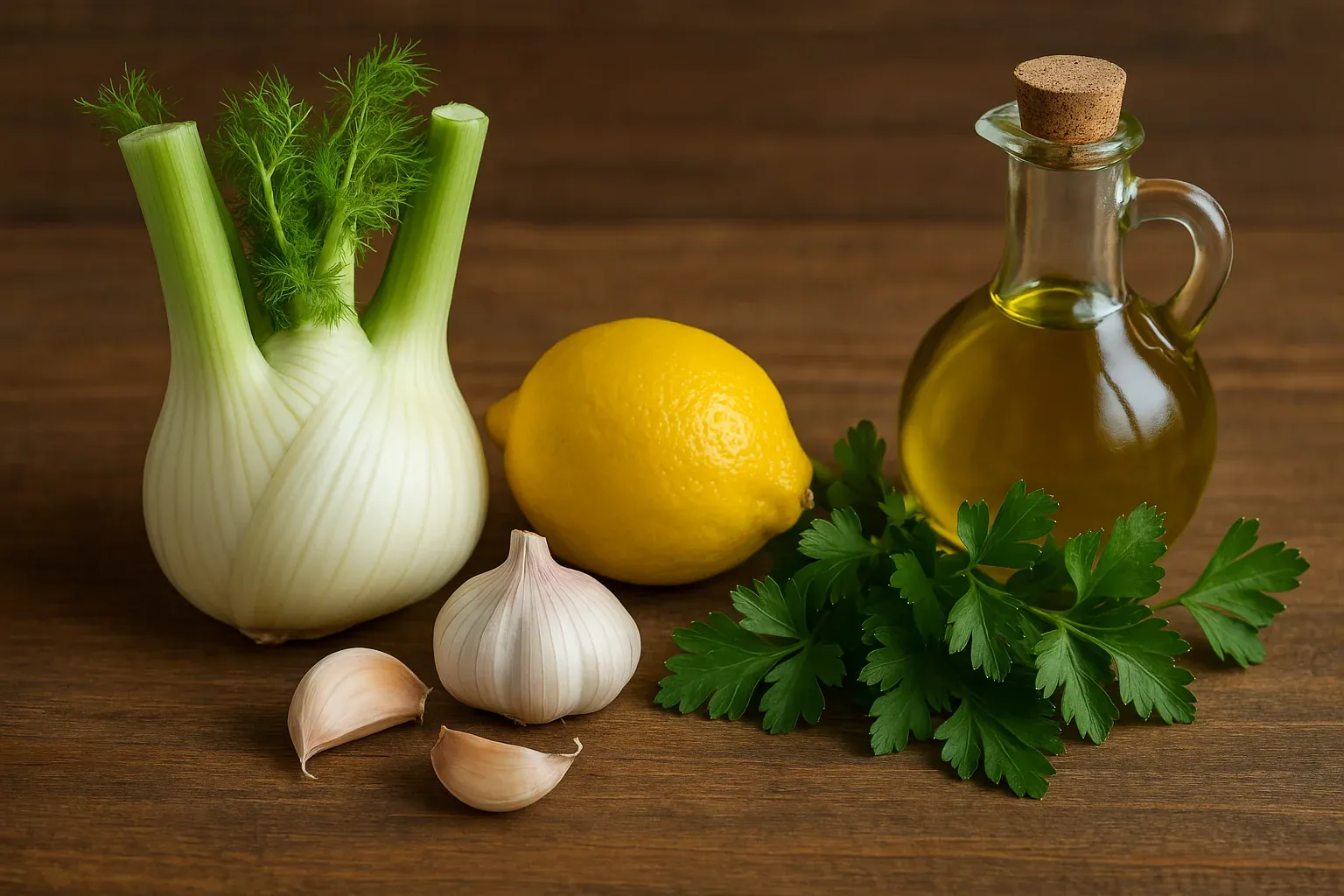 Fresh fennel, lemon, garlic, parsley, and olive oil on a wooden surface, perfect for cooking.