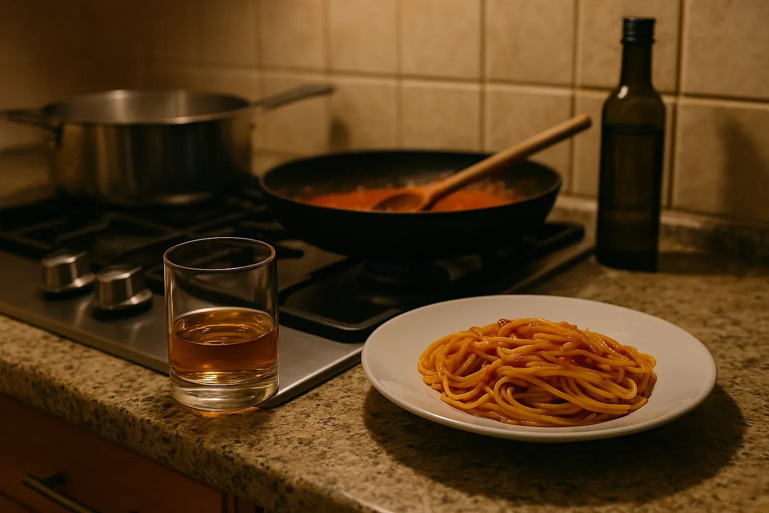 Plate of spaghetti with tomato sauce, whiskey glass, saucepan, and cooking utensils on kitchen countertop.