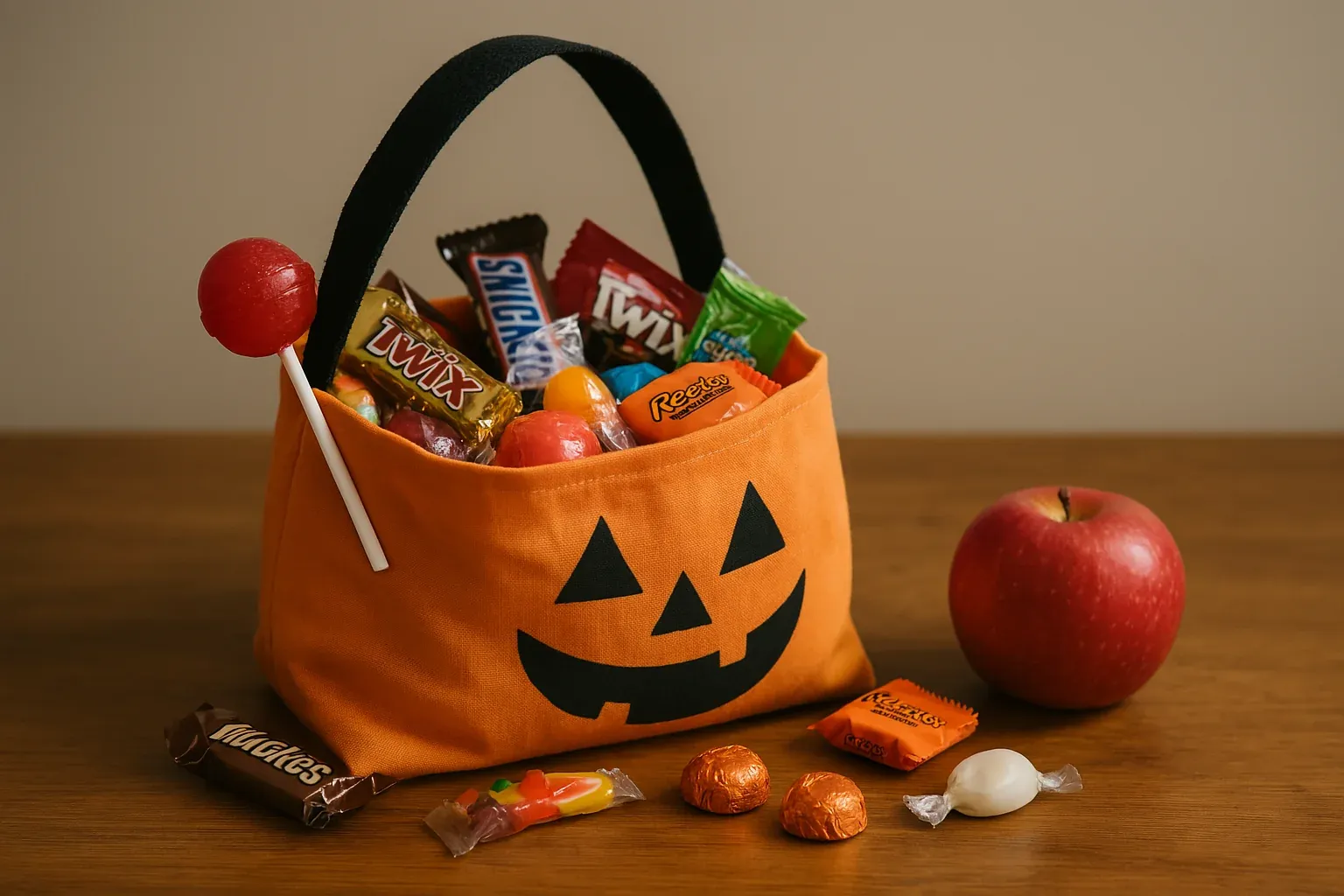 Halloween-themed candy basket with Twix, Snickers, lollipops, Reese's, and an apple on a wooden table.