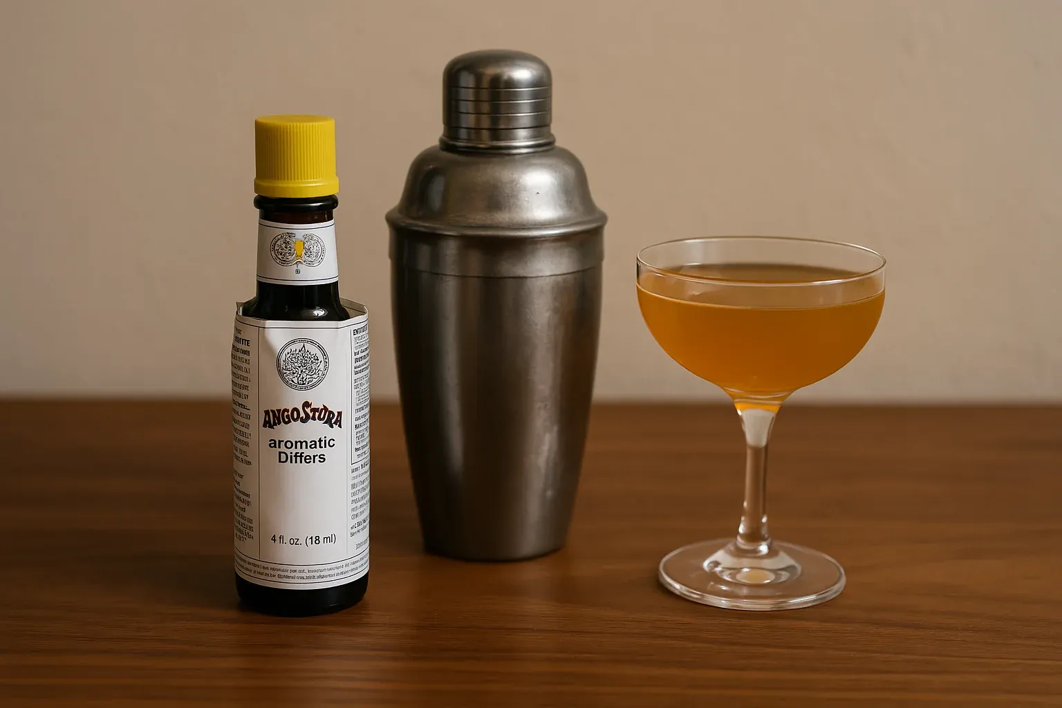 Cocktail shaker, Angostura aromatic bitters bottle, and a cocktail glass with an amber drink on a wooden surface.
