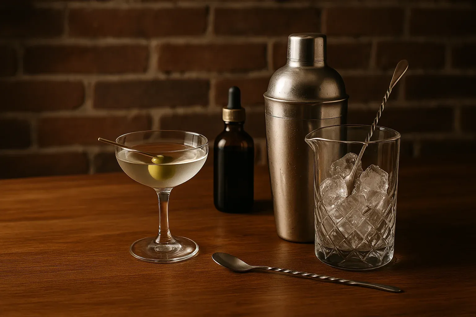 Martini with an olive, cocktail shaker, mixing glass with ice, and bar spoon on a wooden table against a brick wall.