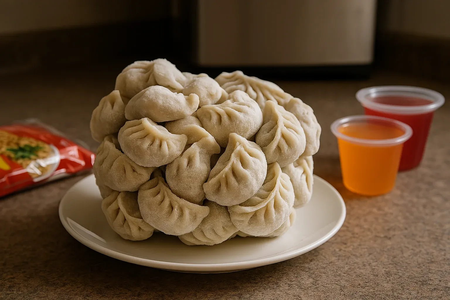 Stack of uncooked dumplings on a plate, with two sauce containers and a packet of noodles in the background.