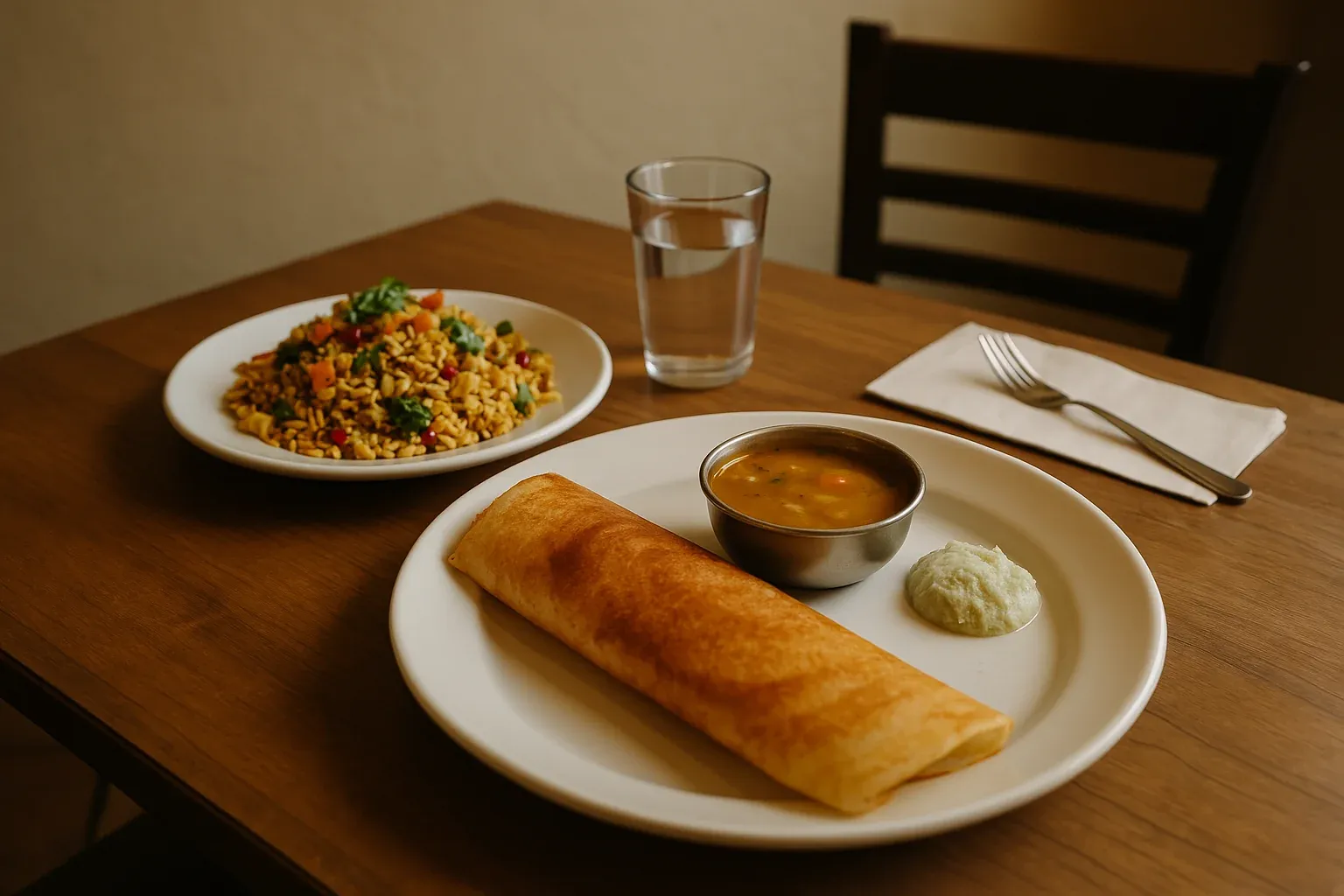 Masala dosa served with sambar and chutney, accompanied by bhel puri and a glass of water on a wooden table.