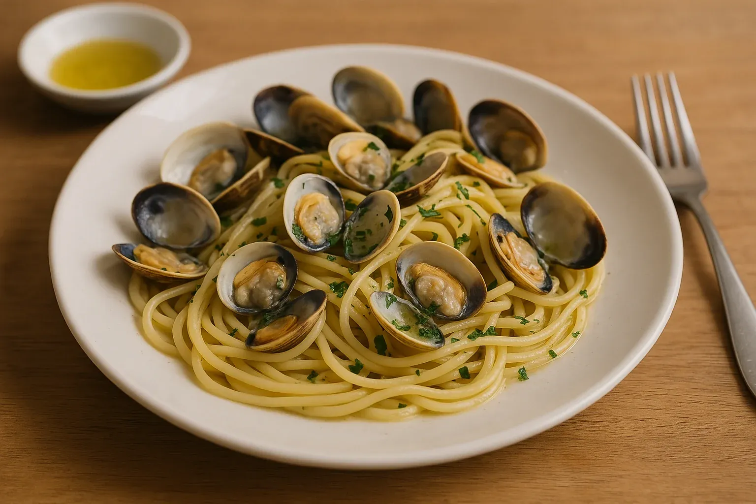 Spaghetti with clams in a white wine sauce garnished with parsley, served with a side of olive oil.