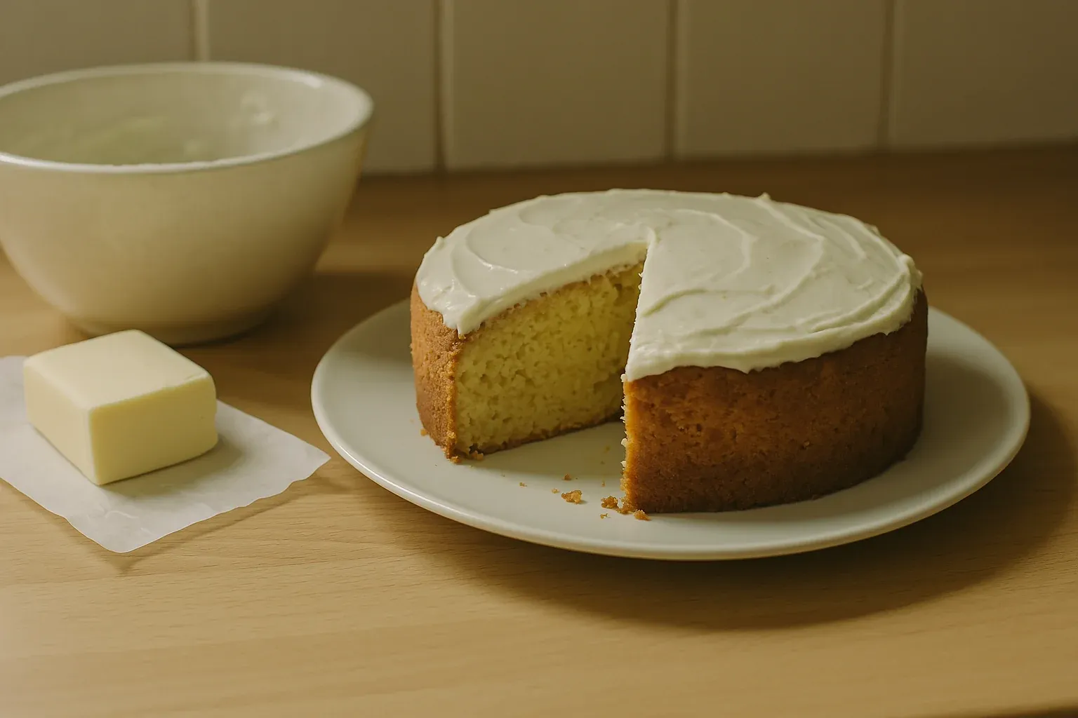 Round yellow cake with white frosting, one slice missing; butter and a mixing bowl in the background.