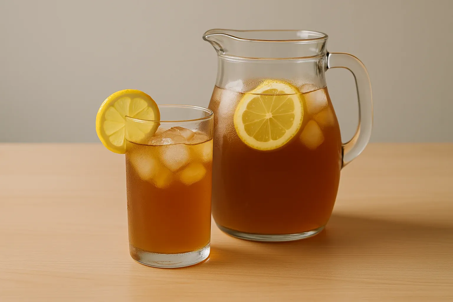 Refreshing iced tea with lemon slices in a glass and pitcher on a wooden table.