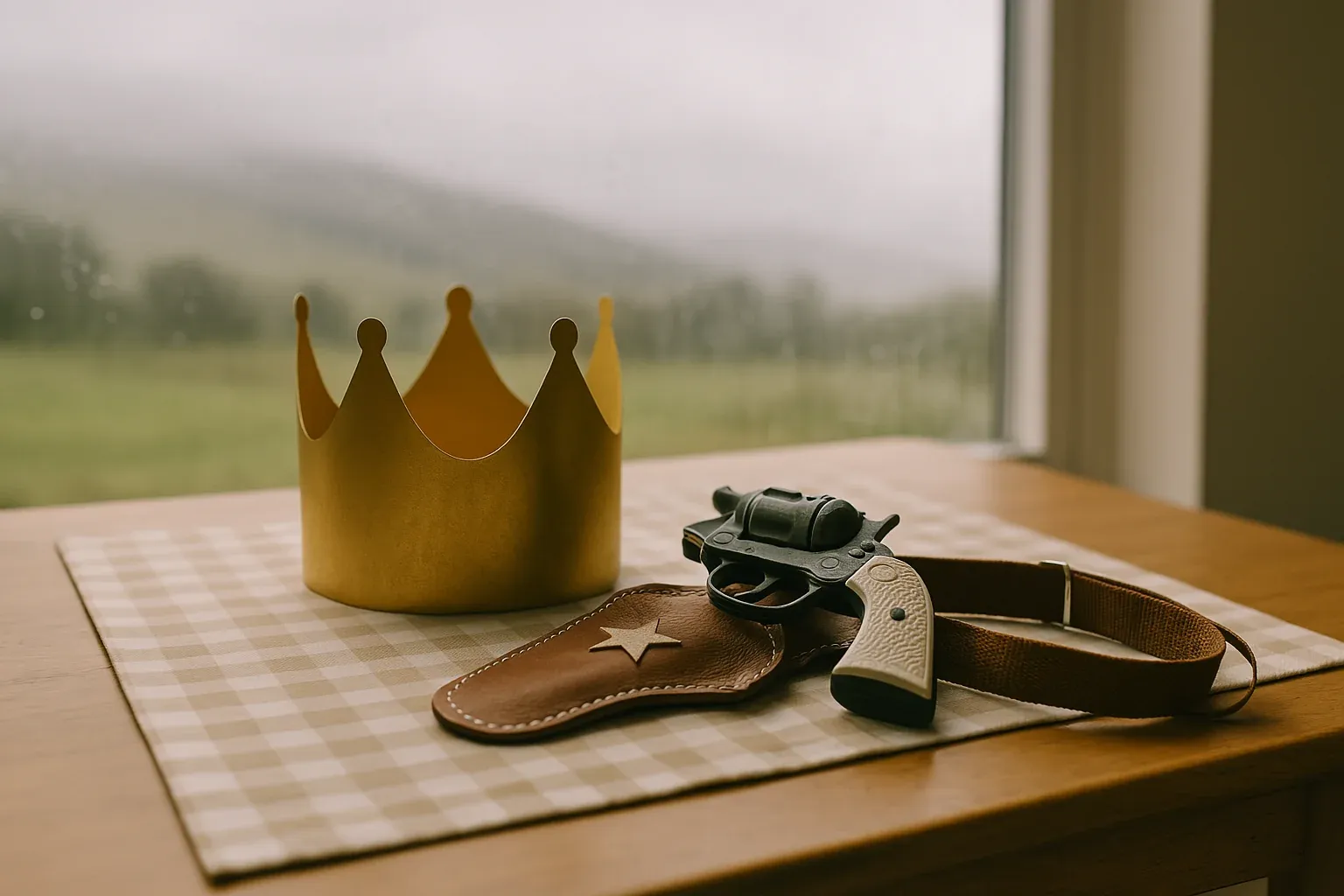 Golden crown and toy gun with holster on a checkered tablecloth, suggesting playful or themed decor, possibly for a kids' party.