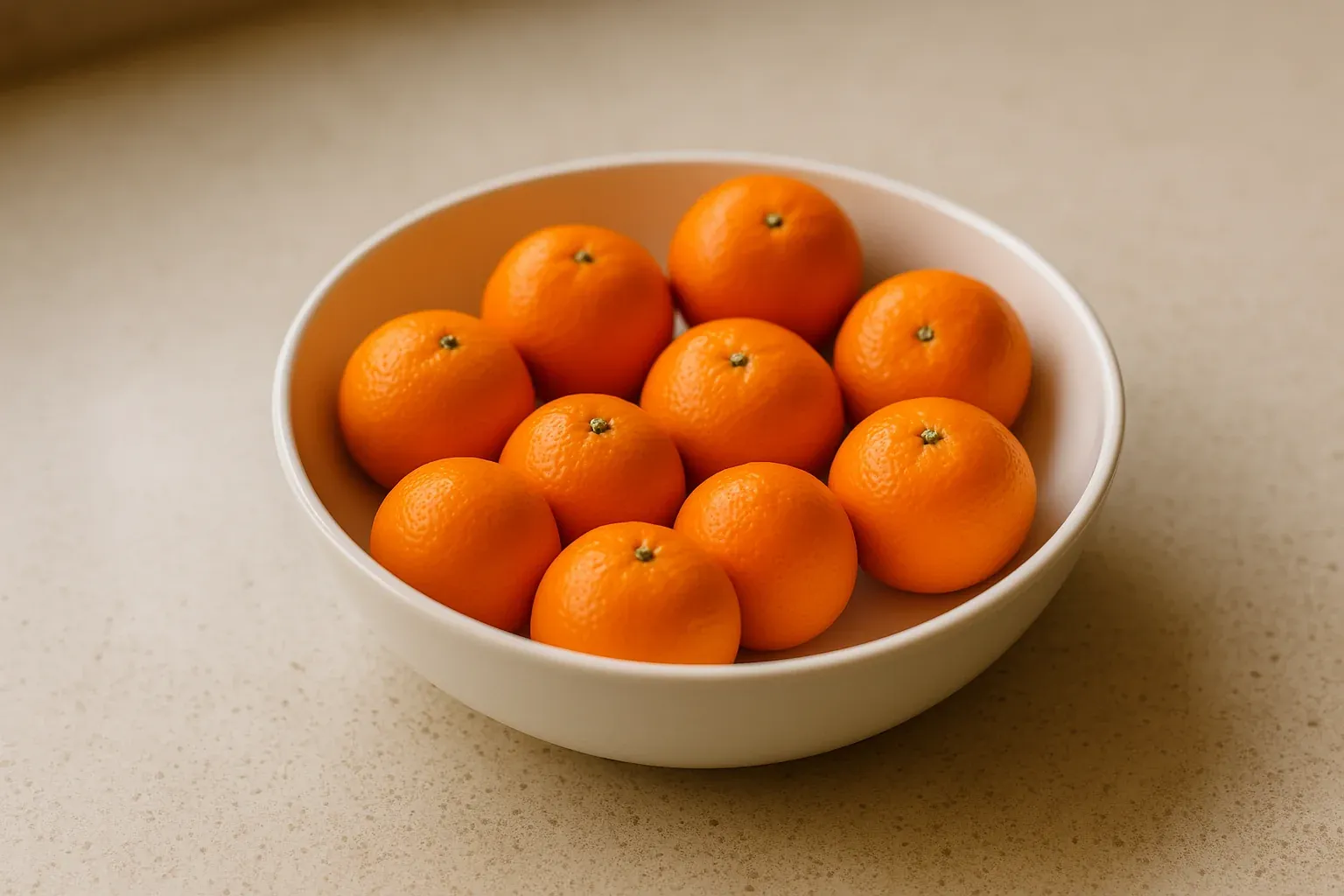 Bowl of fresh, vibrant oranges on a kitchen counter, perfect for citrus recipes or healthy snacks.
