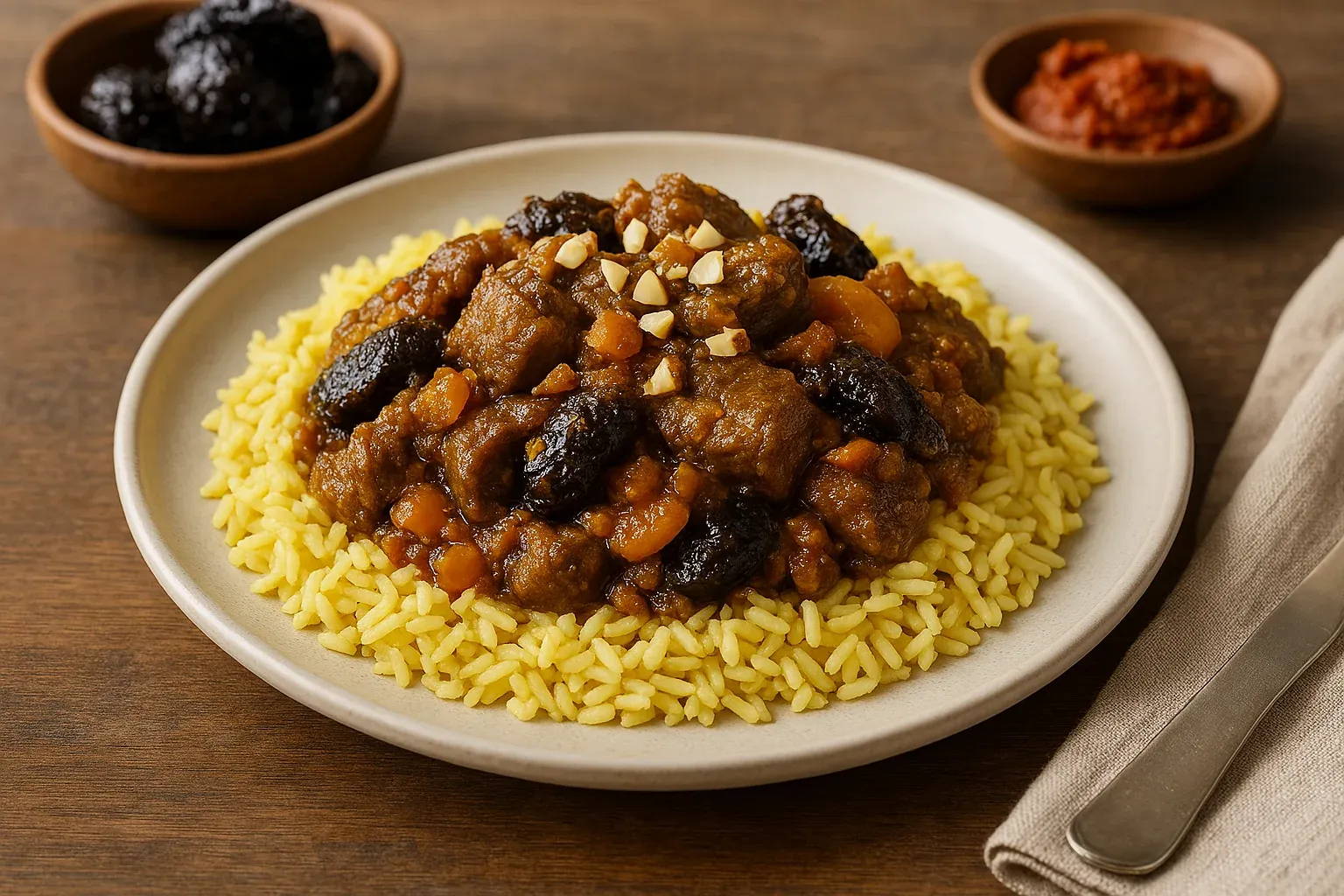 Moroccan lamb tagine with prunes, almonds, and yellow saffron rice on a white plate, garnished with chopped nuts.