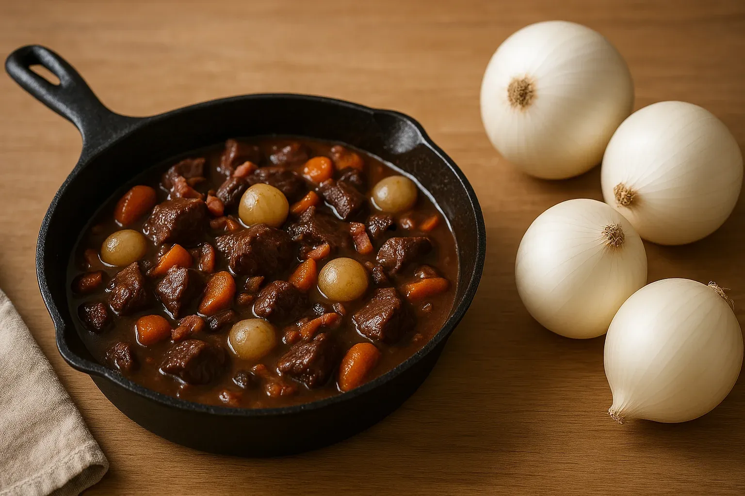 Hearty beef stew with carrots and pearl onions in a cast iron skillet, accompanied by whole onions on a wooden surface.