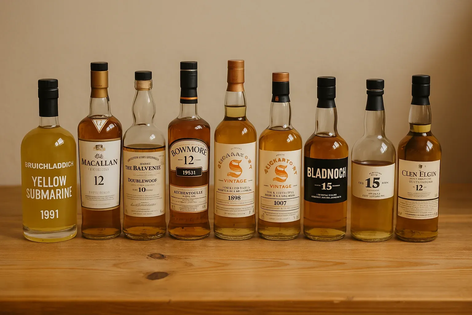 A selection of various aged whiskies, including Bruichladdich Yellow Submarine 1991, The Macallan 12, The Balvenie 10, and Bowmore 12.