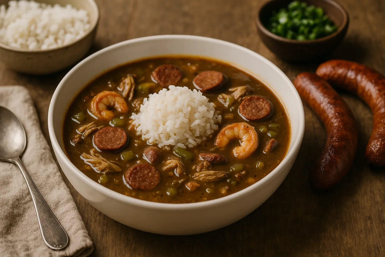 Bowl of gumbo with sausage, shrimp, chicken, and rice on a wooden table, accompanied by a spoon, extra rice, chopped greens, and sausages.