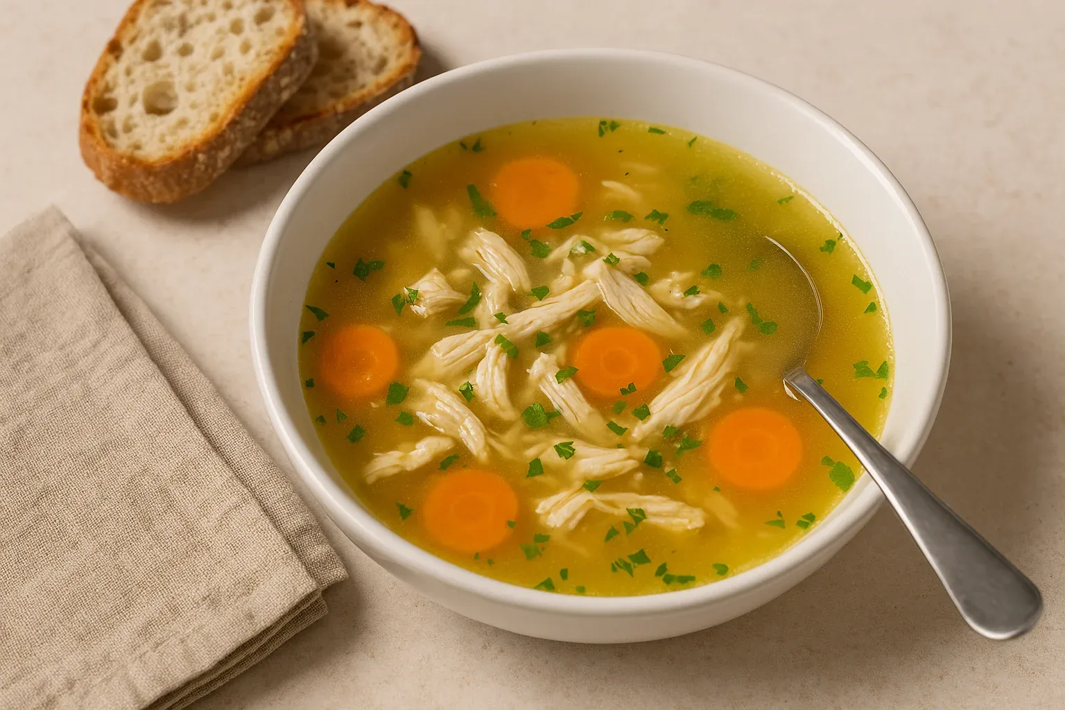 Homemade chicken soup with shredded chicken, sliced carrots, and parsley in a white bowl, served with slices of bread on the side.