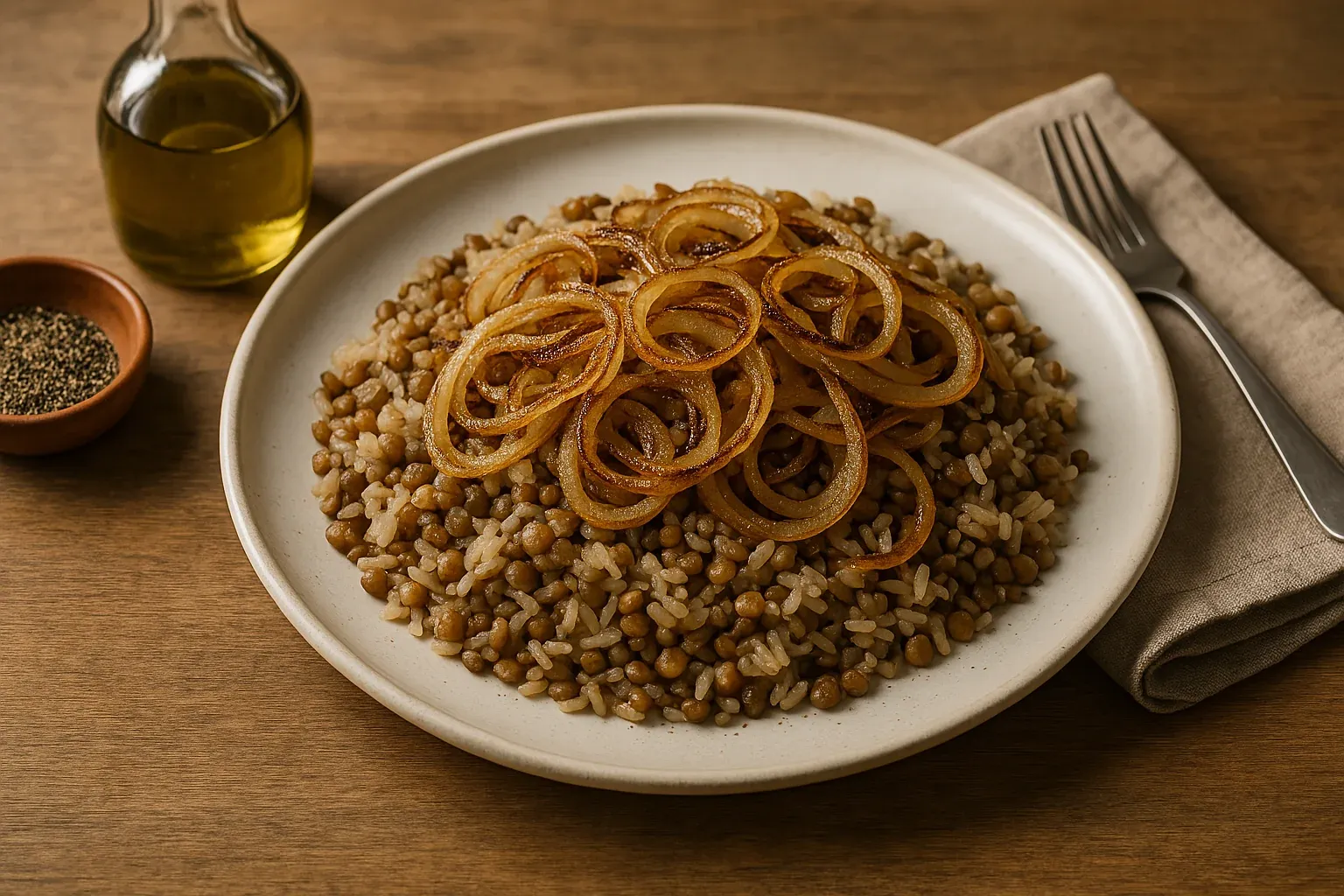 Lebanese mujadara with lentils, rice, and caramelized onions on a white plate, accompanied by olive oil and pepper on a wooden table.