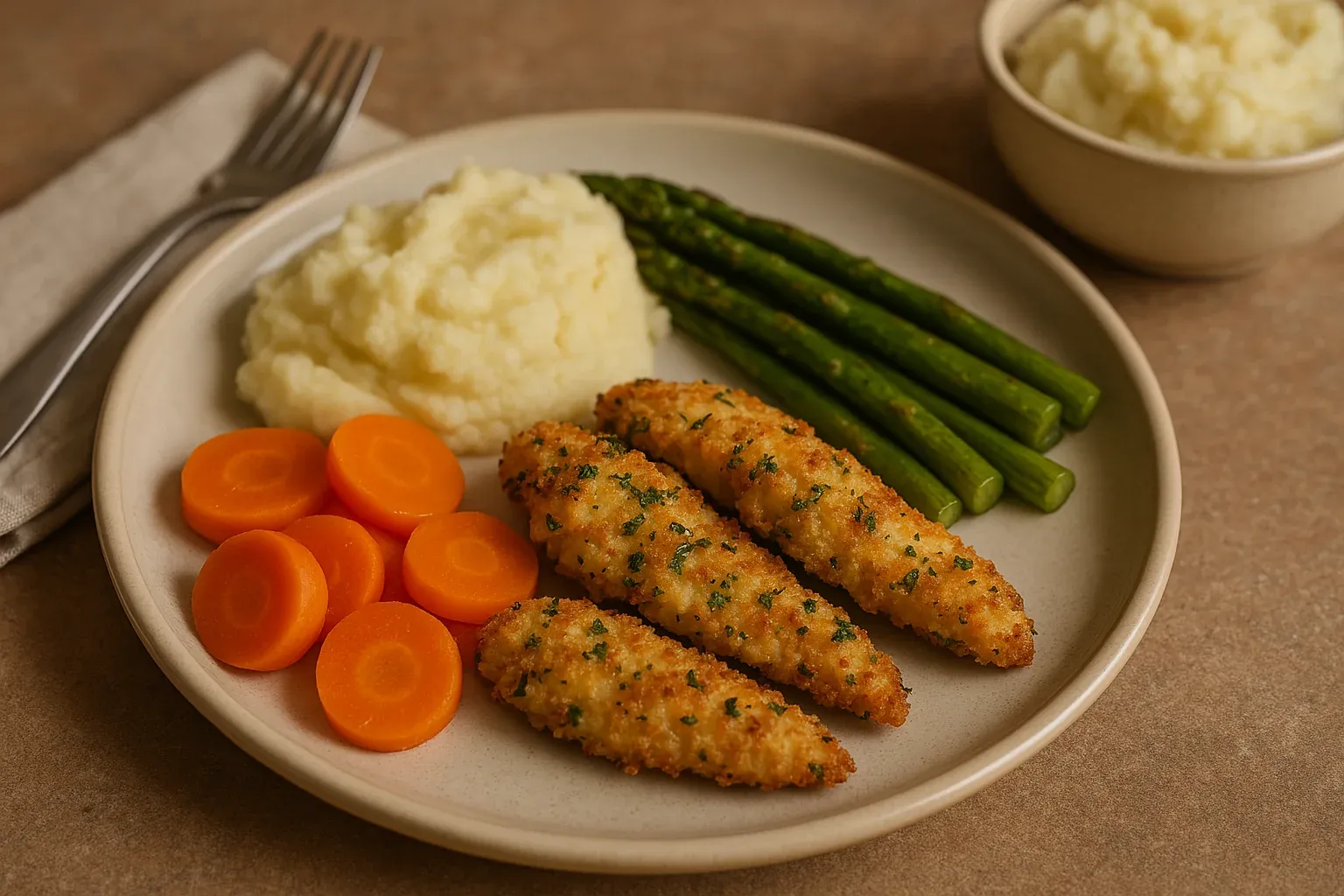 Breaded chicken tenders, mashed potatoes, steamed asparagus, and sliced carrots served on a white plate with a fork and napkin.
