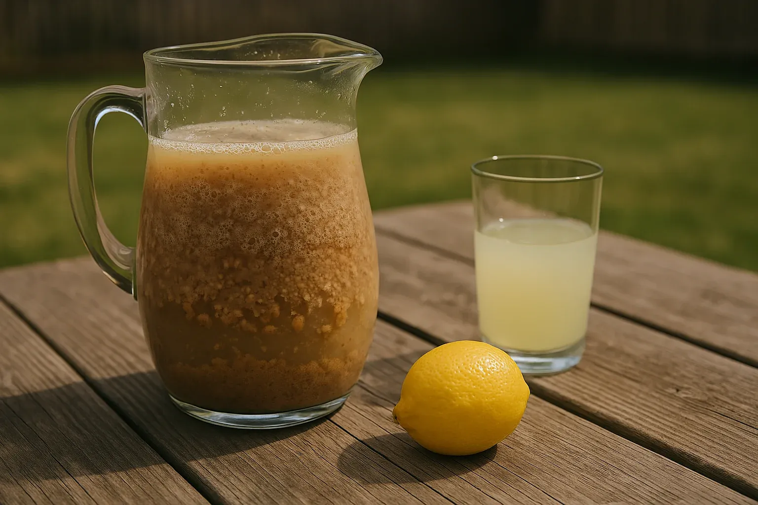 Pitcher of brown liquid with chunky texture, a glass of yellow lemonade, and a whole lemon on a wooden table outdoors.