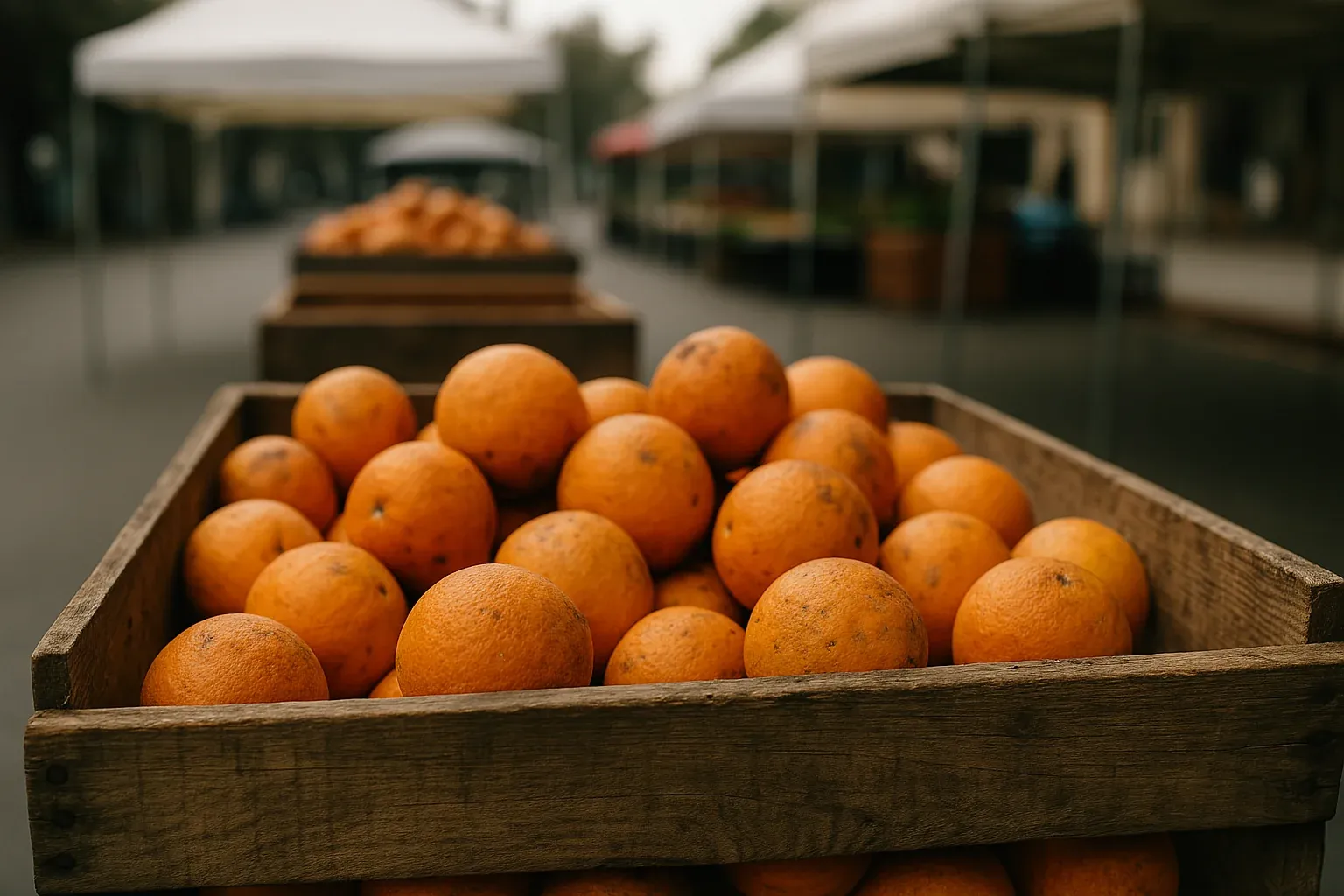 Wooden crates filled with ripe oranges at an outdoor market, ideal for fresh orange juice or zest in recipes.