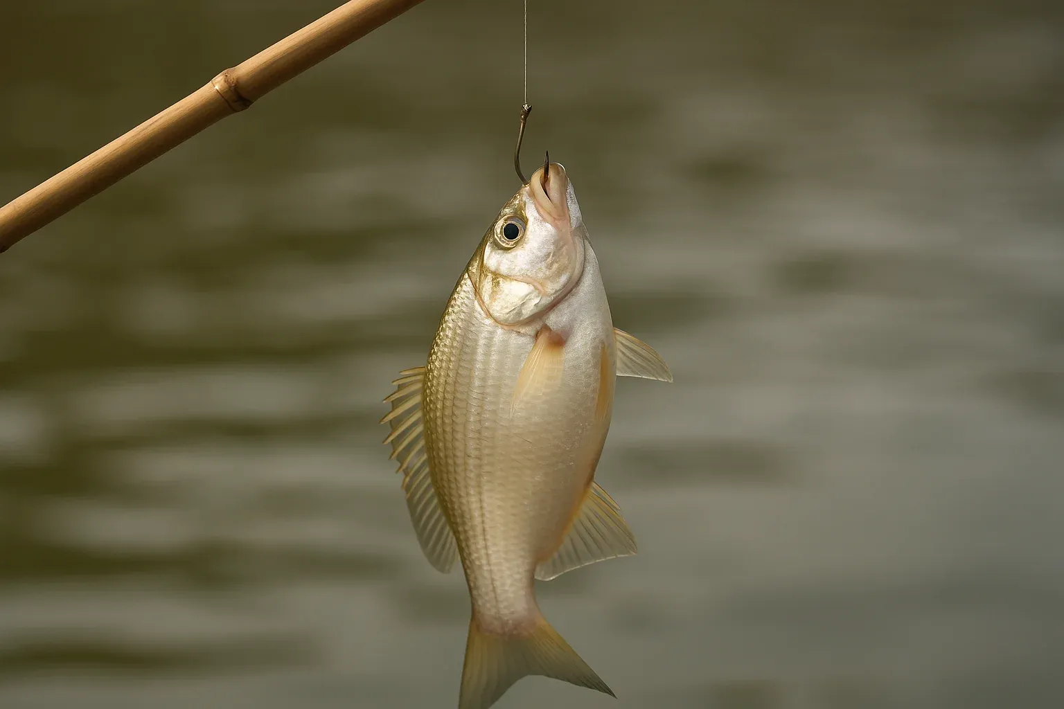 Freshly caught fish hanging on a fishing hook above a lake, ready for preparation in a seafood recipe.