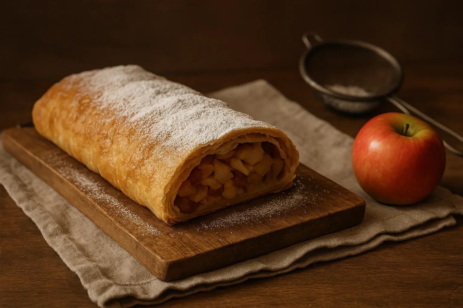 Golden-brown apple strudel dusted with powdered sugar on a wooden board, with a whole apple and a sifter in the background.