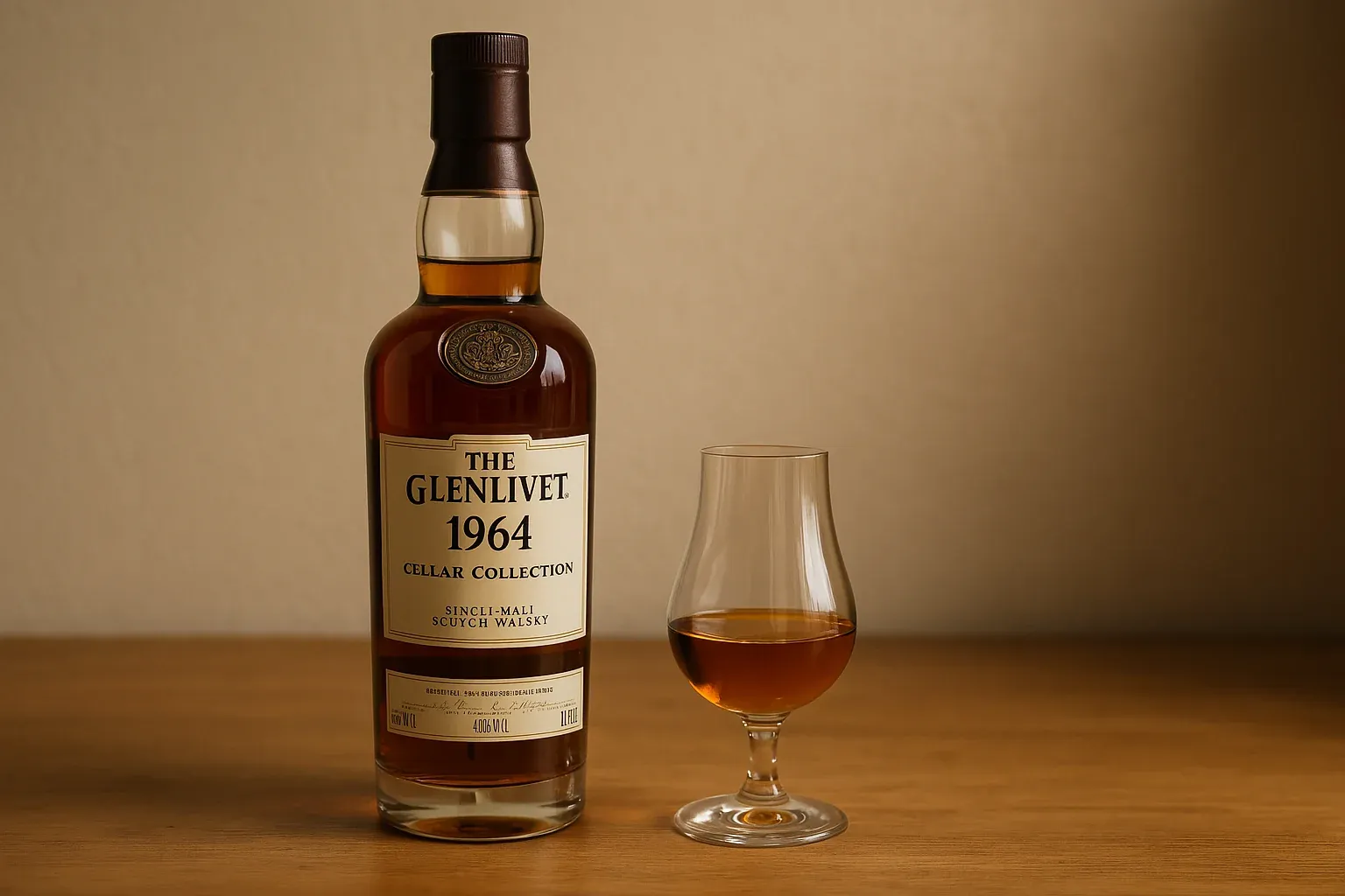 A bottle of The Glenlivet 1964 Cellar Collection single malt scotch whisky next to a filled whisky glass on a wooden surface.