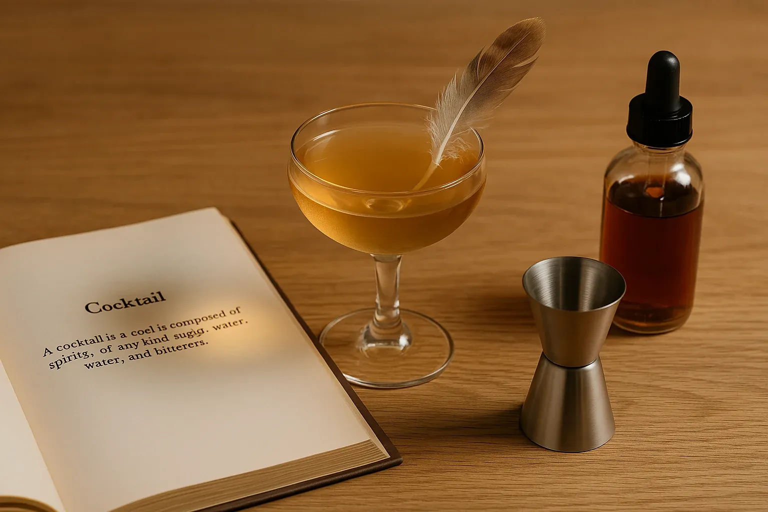 Elegant cocktail with a feather garnish beside an open recipe book, a dropper bottle, and a jigger on a wooden table.