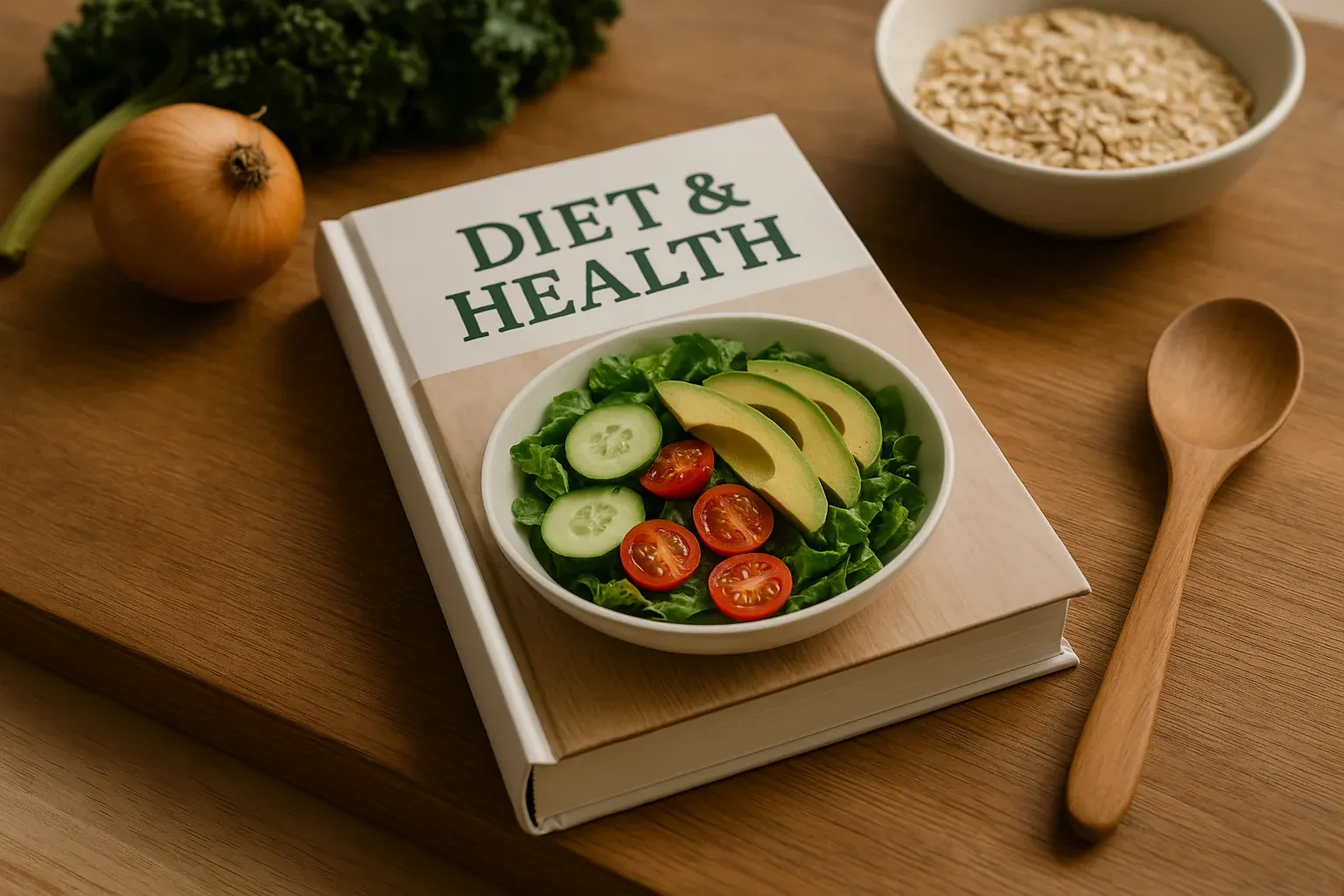 Cookbook titled "Diet & Health" on a wooden surface with fresh vegetables and a wooden spoon nearby.
