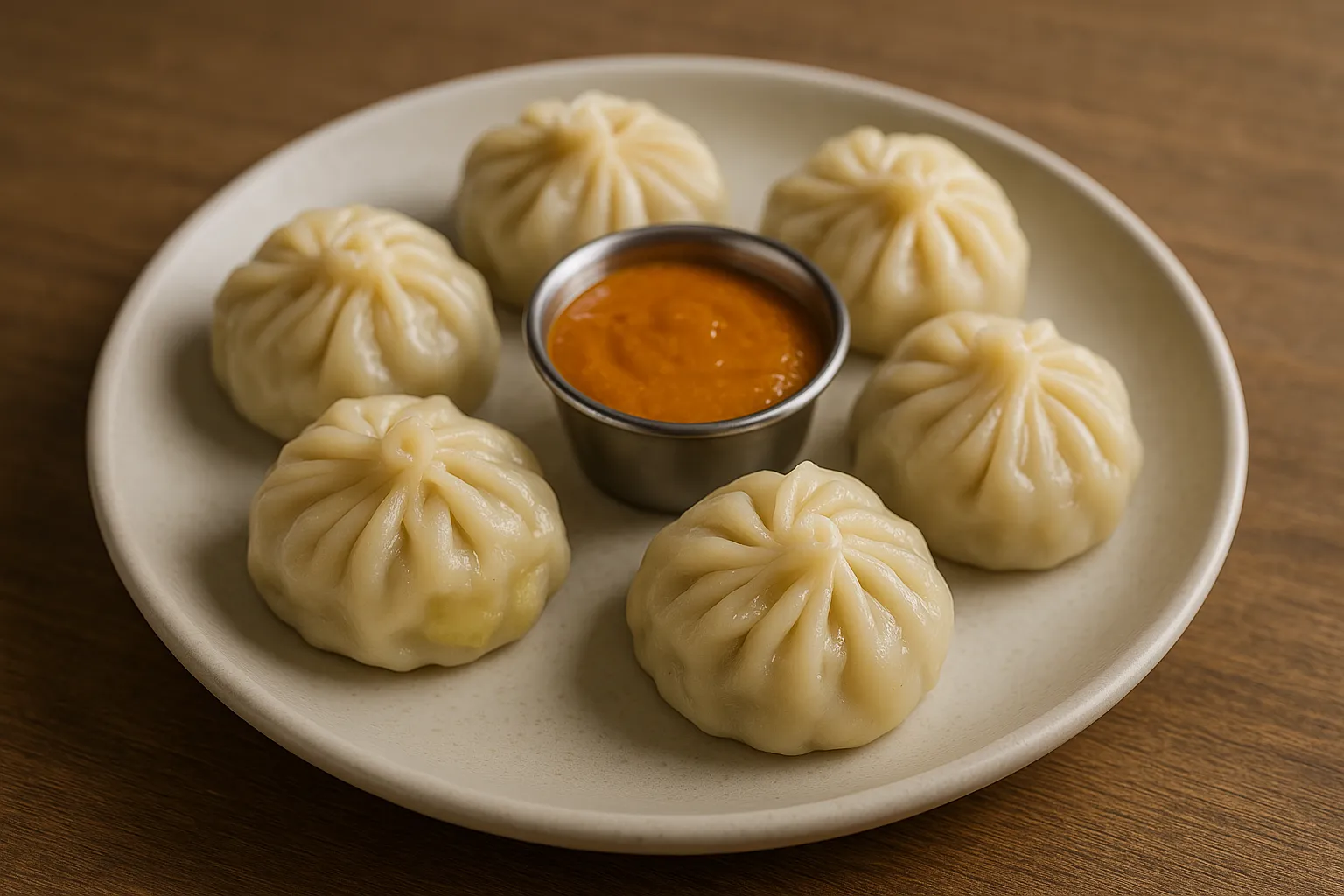 Steamed momos served with spicy dipping sauce on a plate.