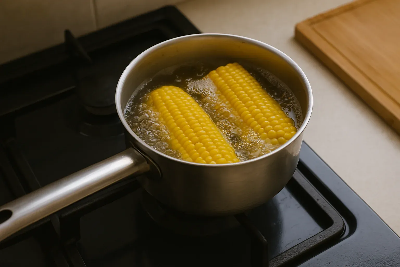 Boiling corn on the cob in a stainless steel pot on a stovetop.