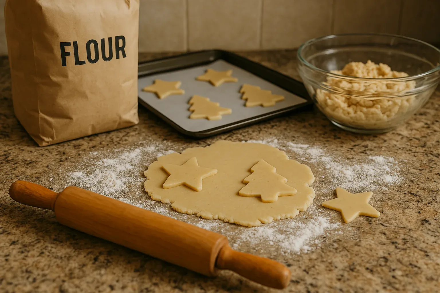 Cookie dough rolled out and cut into star and tree shapes, ready for baking on a tray, with flour and a rolling pin on the countertop.