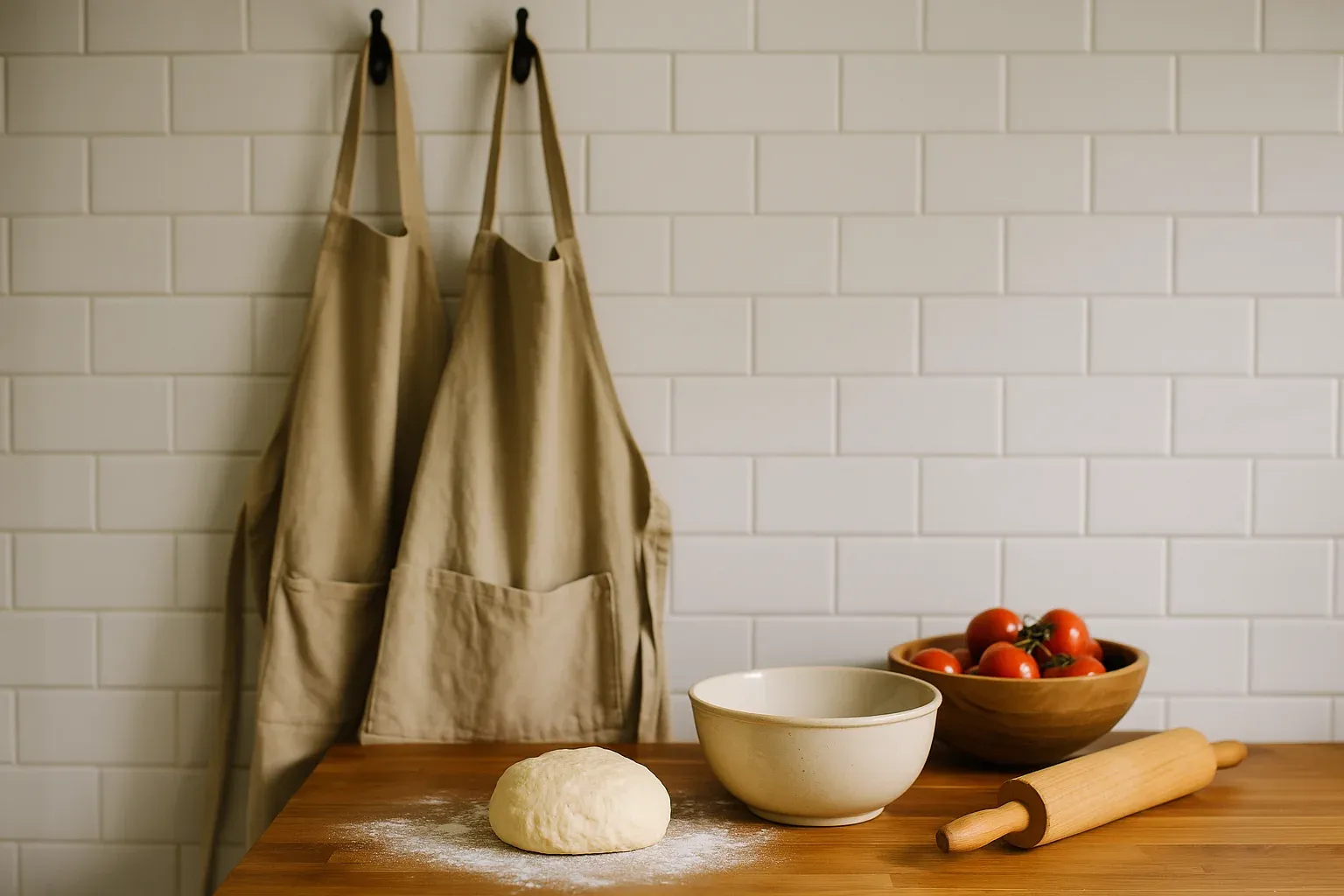 Two beige aprons hang on hooks above a wooden countertop with a dough ball, ceramic bowl, rolling pin, and bowl of tomatoes.