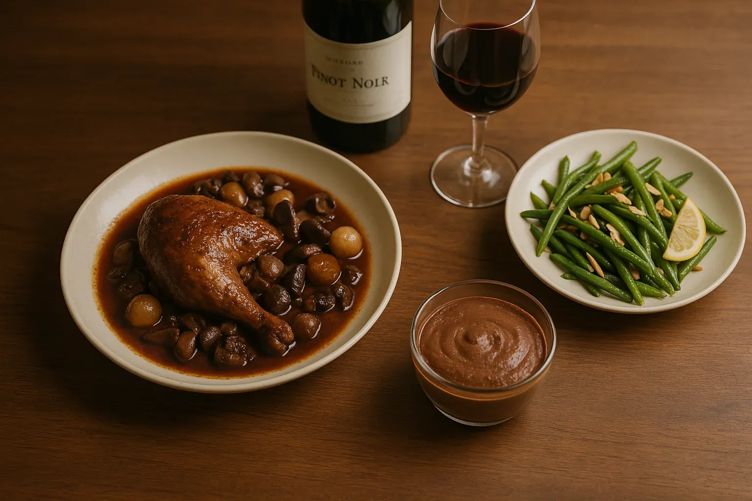 Coq au vin with mushrooms and pearl onions, served with green beans and a lemon wedge, chocolate mousse, and a glass of red wine.