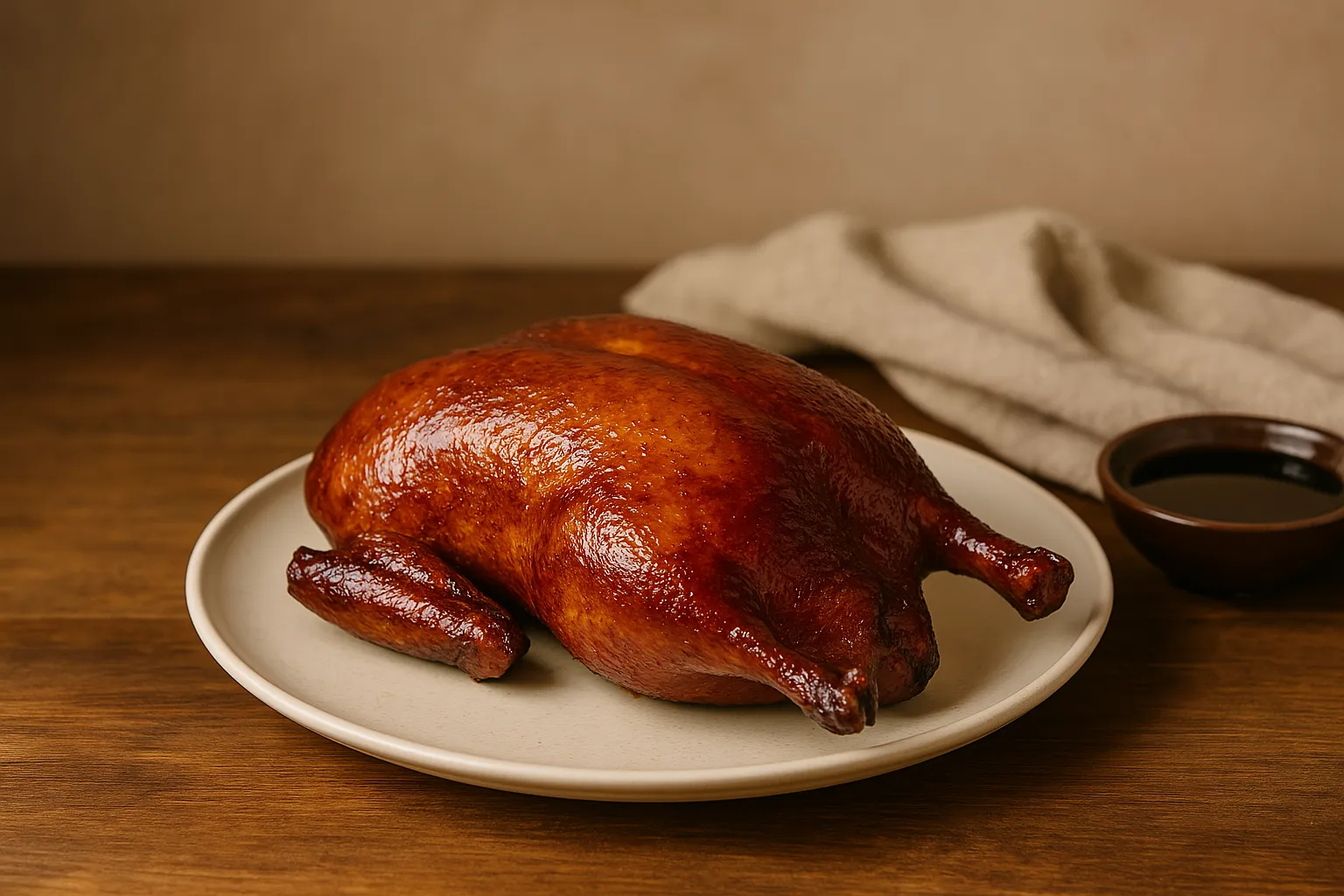 Golden-brown roasted duck on a white plate with a bowl of sauce and a cloth napkin in the background.
