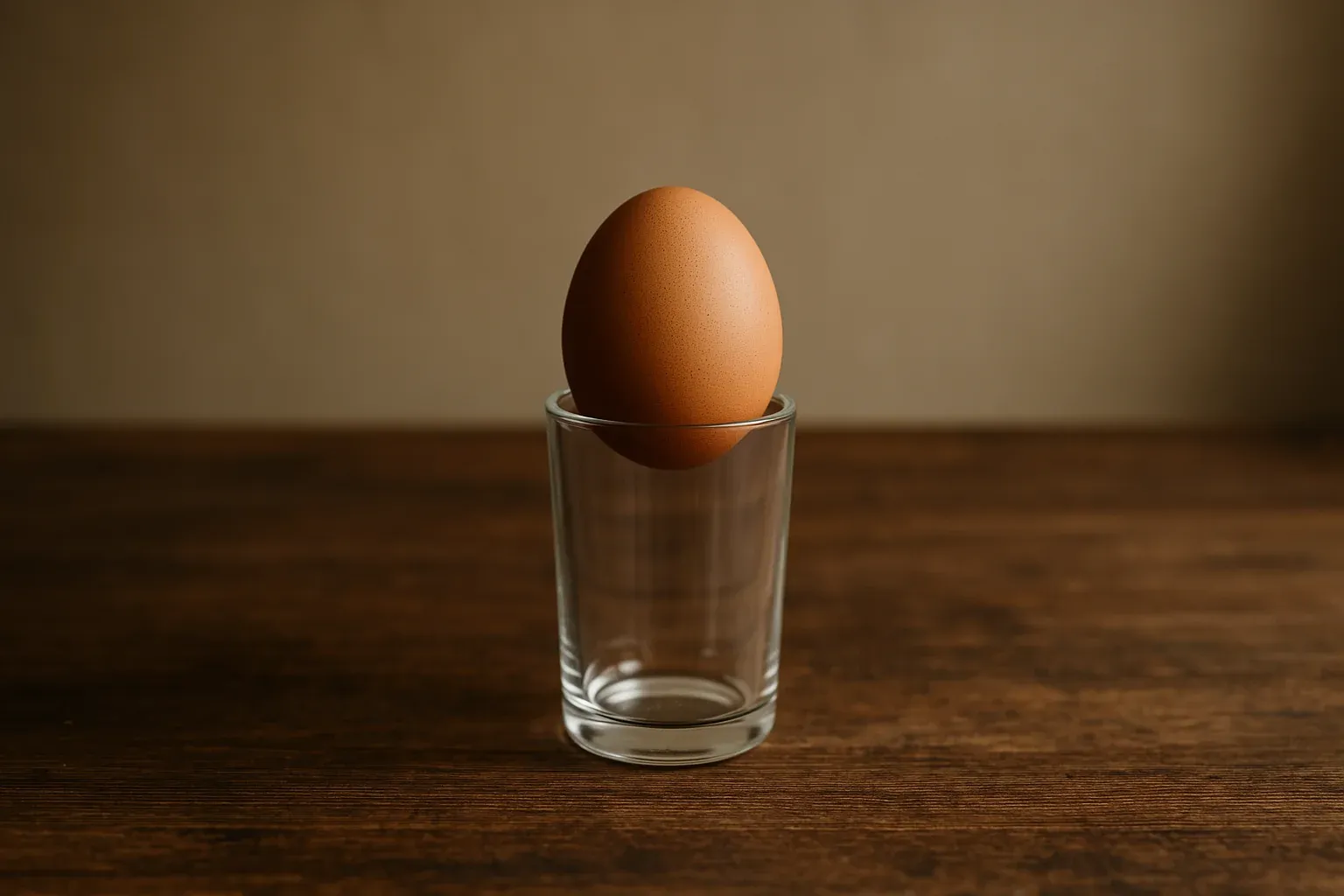 A brown egg balancing on a clear glass, set on a wooden table with a neutral background.