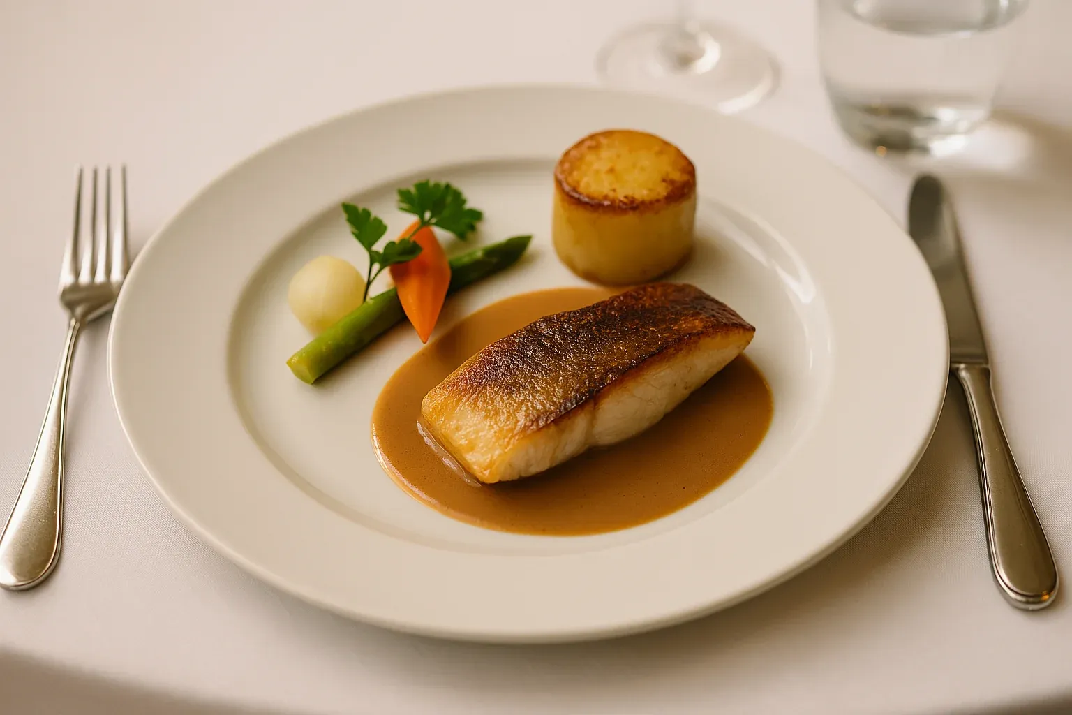 Pan-seared fish fillet with a rich brown sauce, garnished with asparagus, carrot, parsley, and a roasted potato medallion.