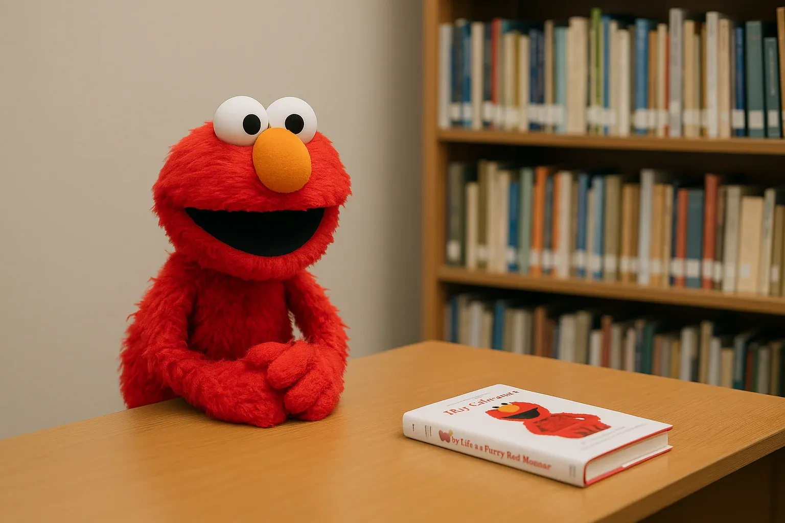 Elmo sitting at a table in a library with a book titled "My Life as a Furry Red Monster."