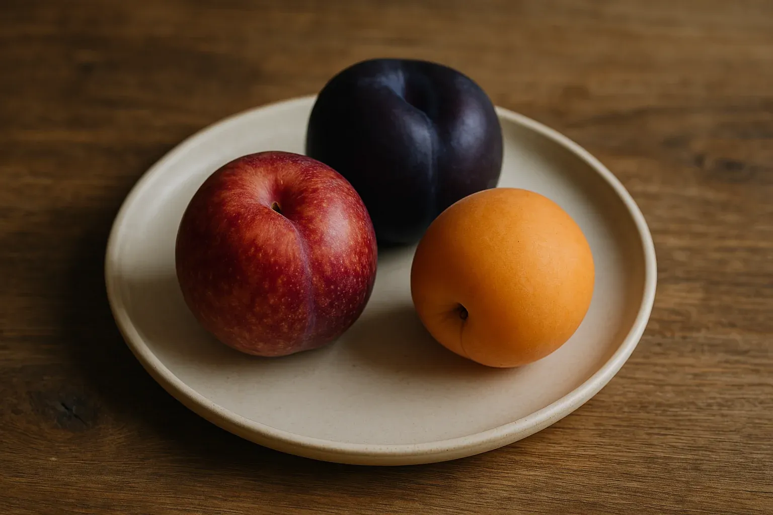 Three different colored plums on a beige plate: one red, one dark purple, and one yellow, perfect for a fruit salad recipe.