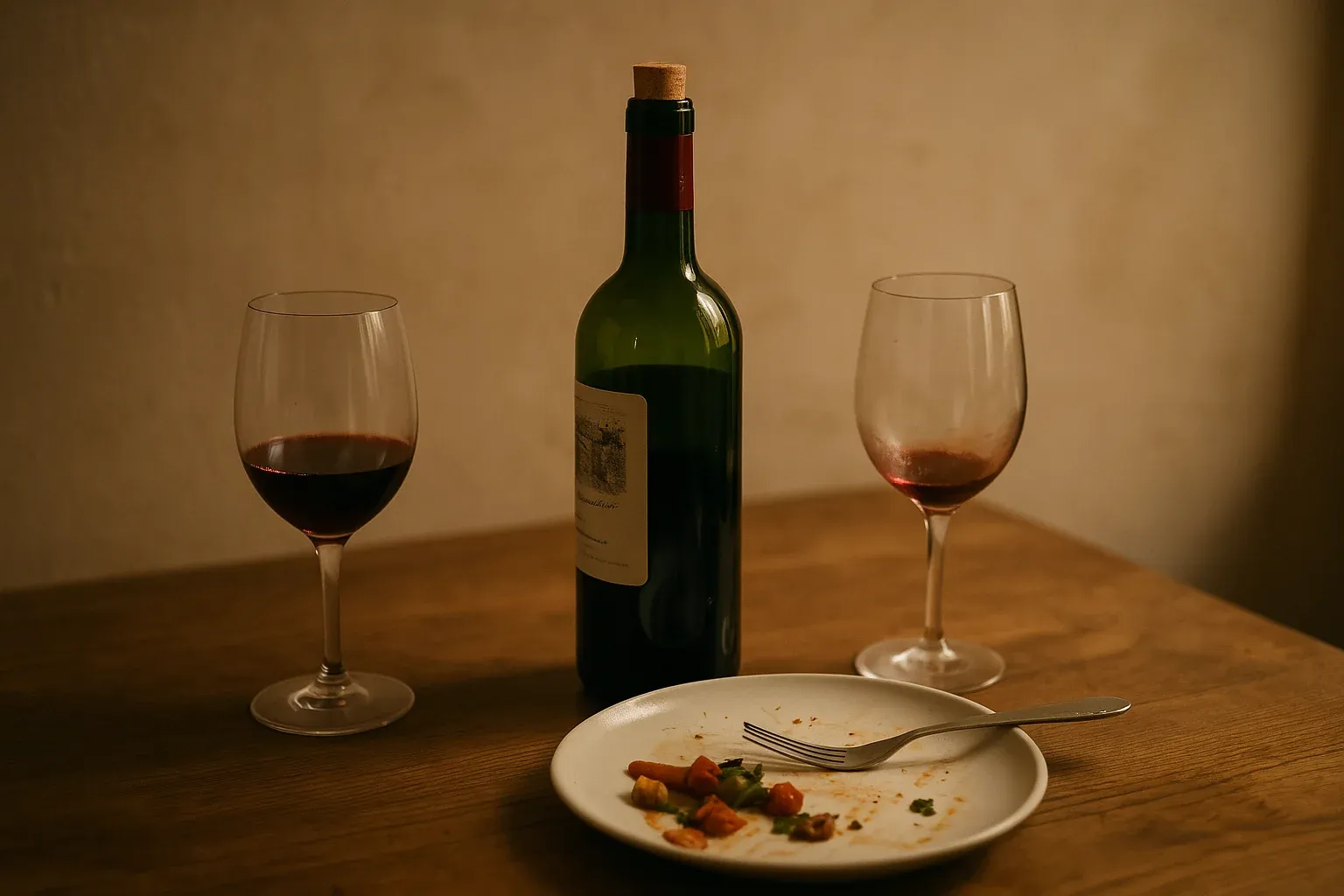 Empty dinner plate with fork, bottle of red wine, and two half-full wine glasses on a wooden table.
