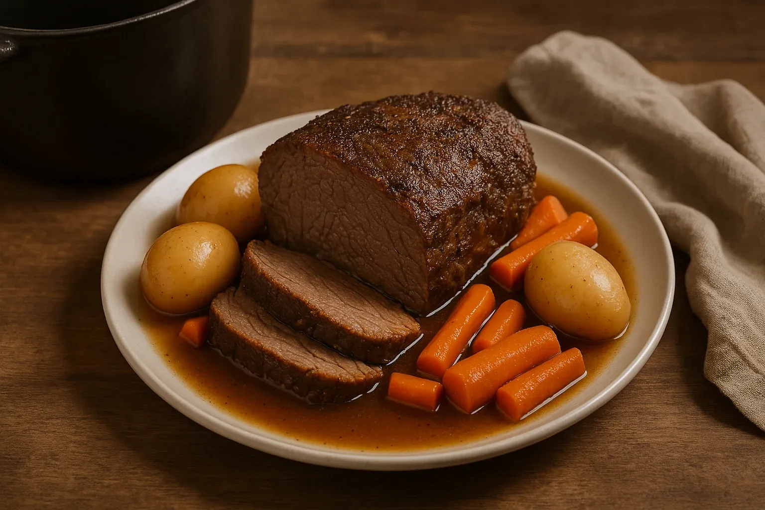 Tender pot roast with carrots and potatoes, served in a rich brown gravy on a white plate.